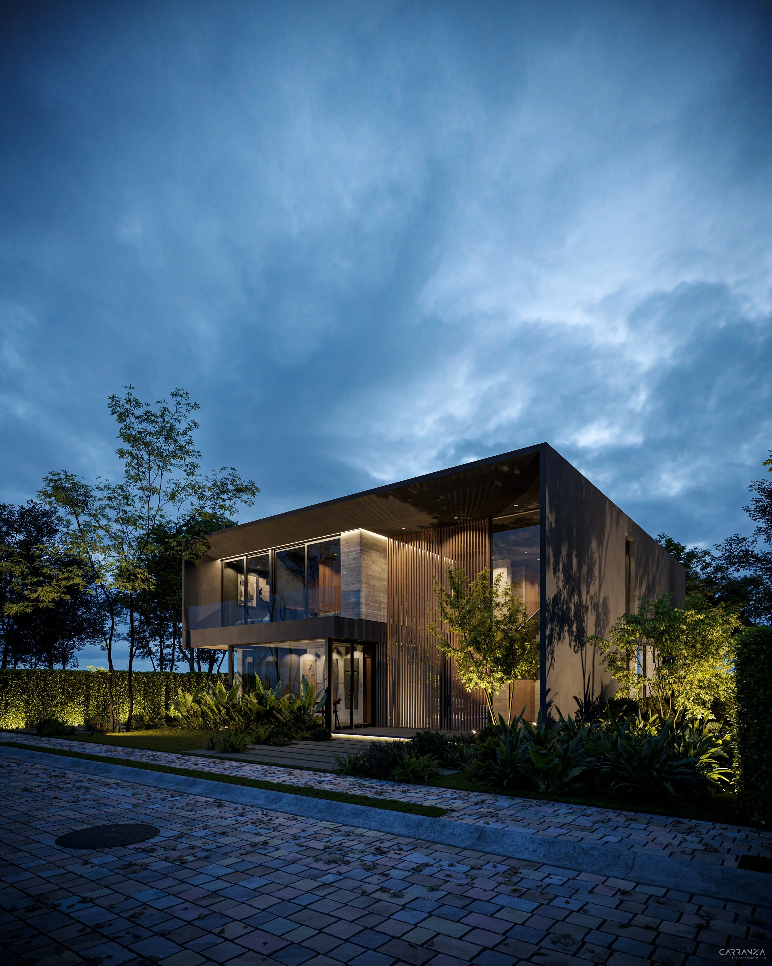 Casa moderna de dos pisos con ventanas grandes, rodeada de árboles y plantas, iluminada en la noche con cielo despejado