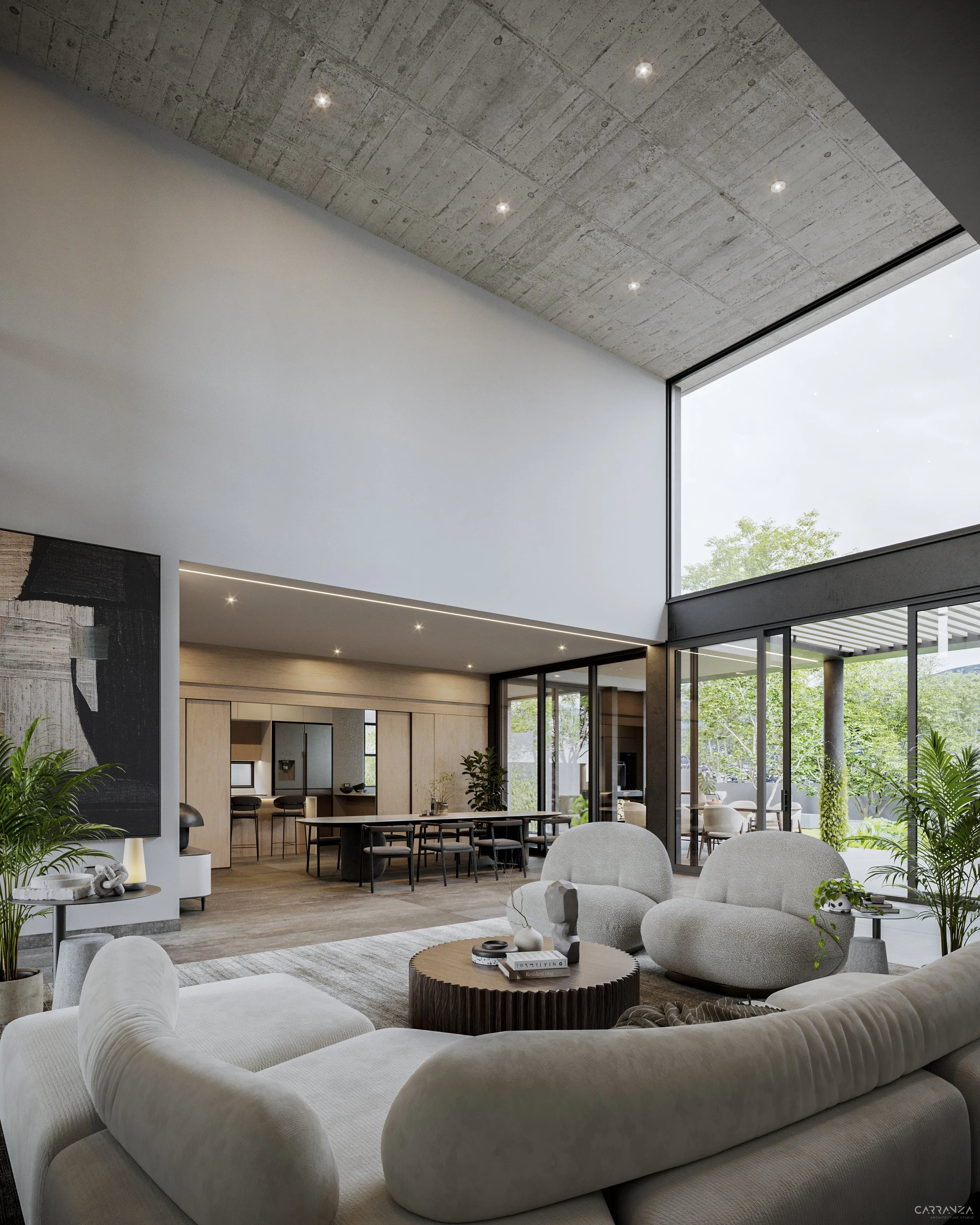 Sala de estar moderna con muebles claros, plantas verdes, gran ventana con vista a un jardín y techo de concreto expuesto.