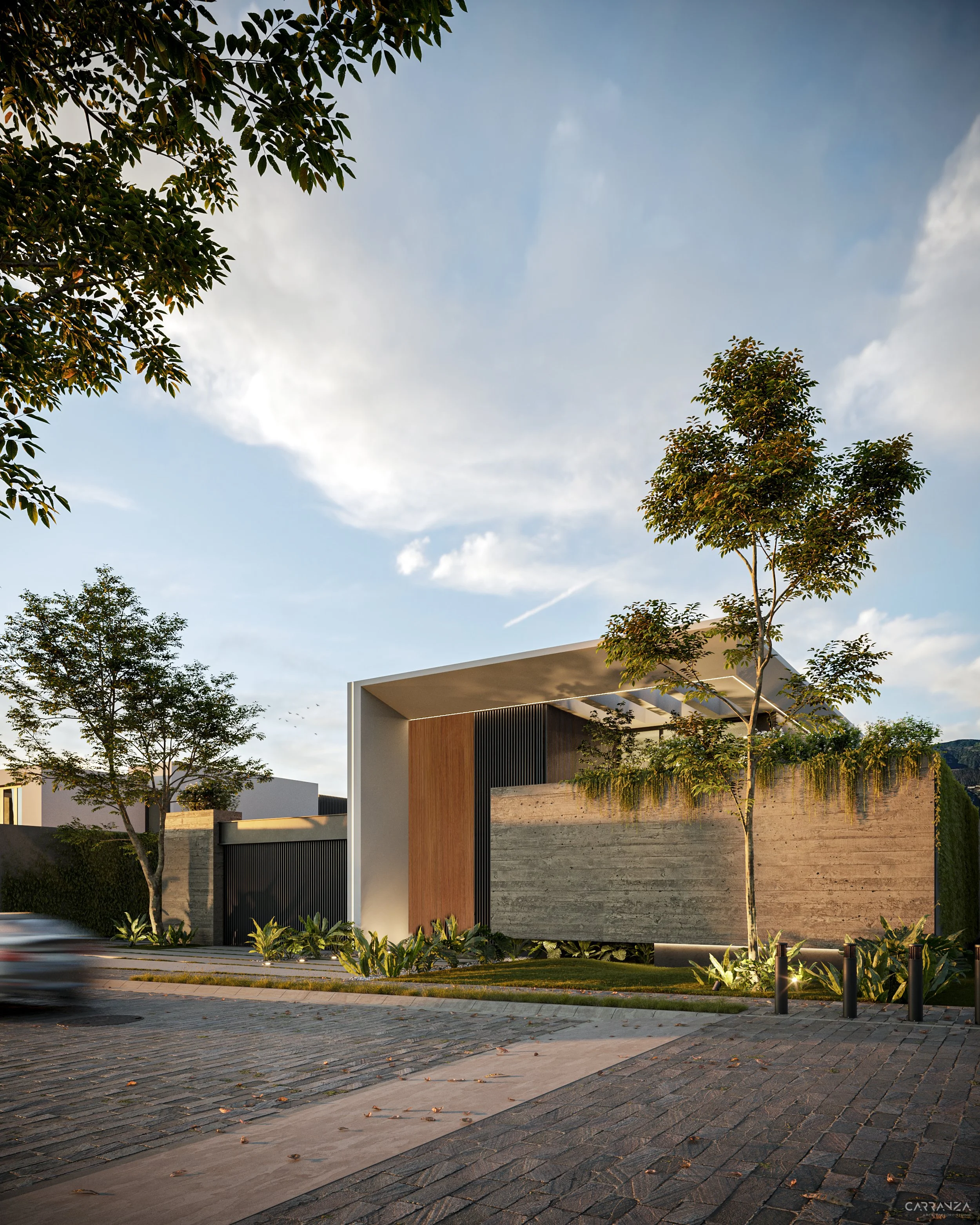 Fachada moderna de una casa con muro de concreto, puertas de madera y jardín con árboles y plantas, bajo un cielo con nubes.