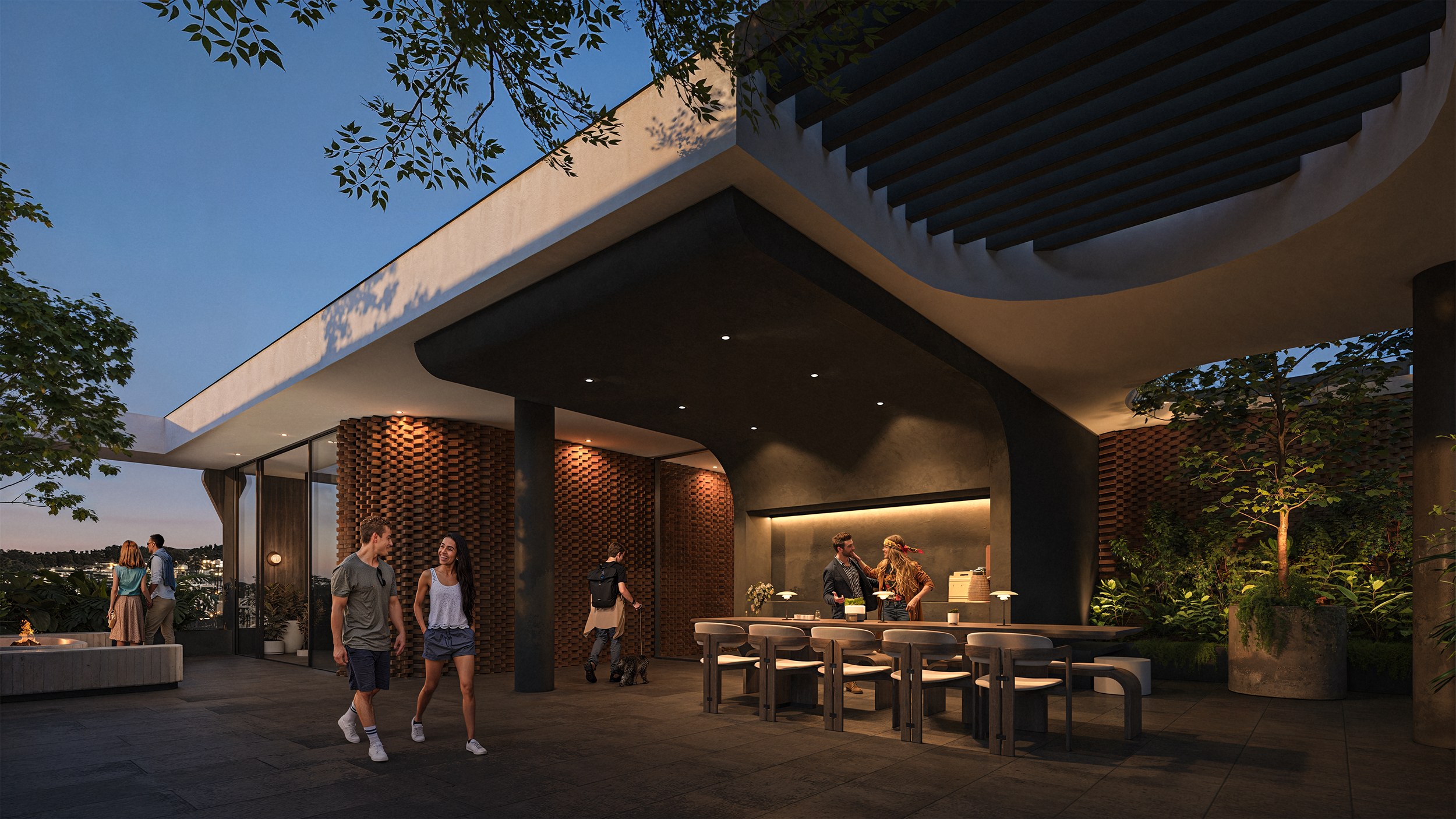 Una terraza moderna con paredes de ladrillos, sillas blancas a una mesa de banquete, varias personas conversando y caminando, plantas y un cielo crepuscular.