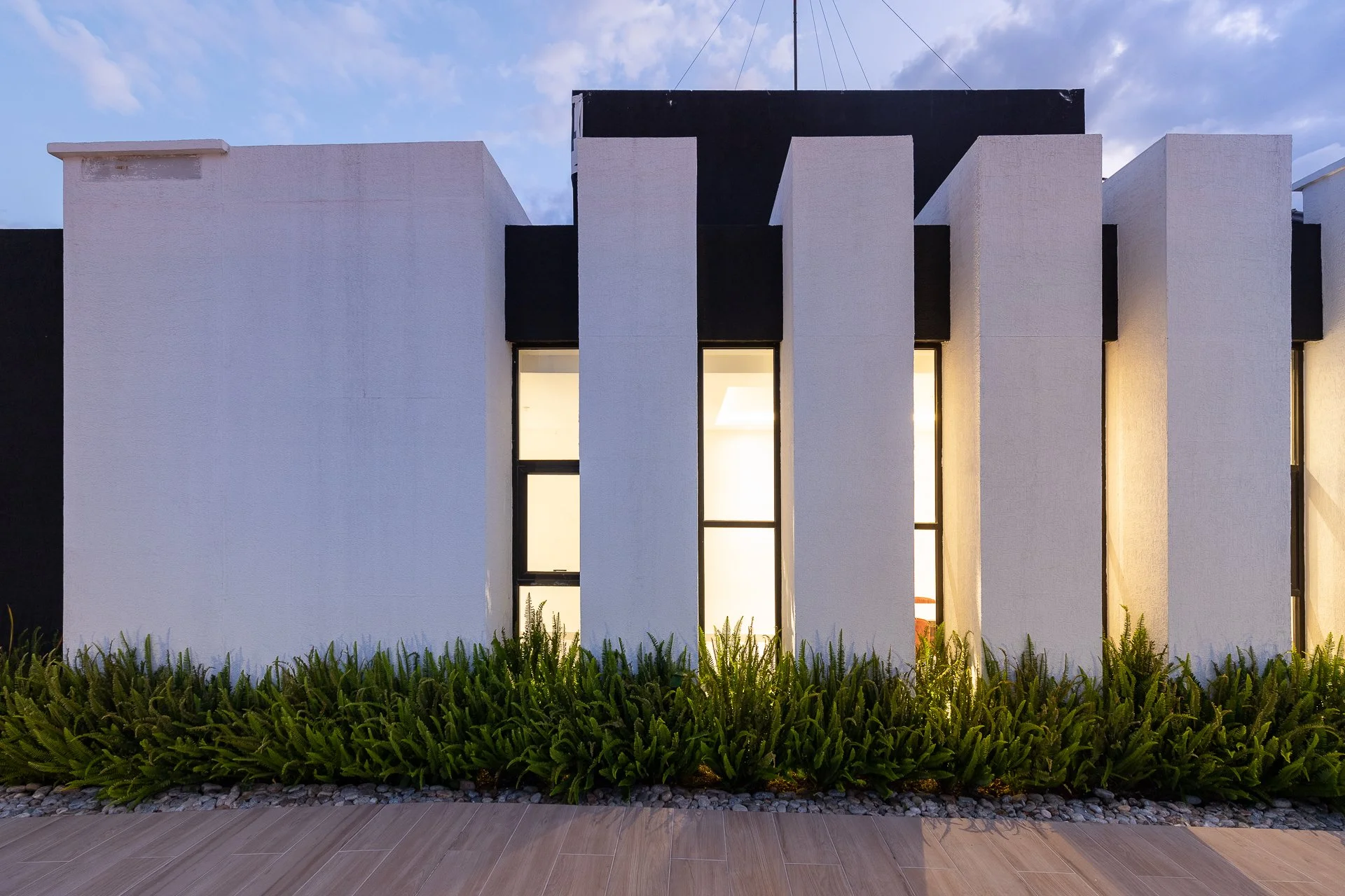 Fachada moderna de un edificio con ventanas rectangulares y vegetación en primer plano.