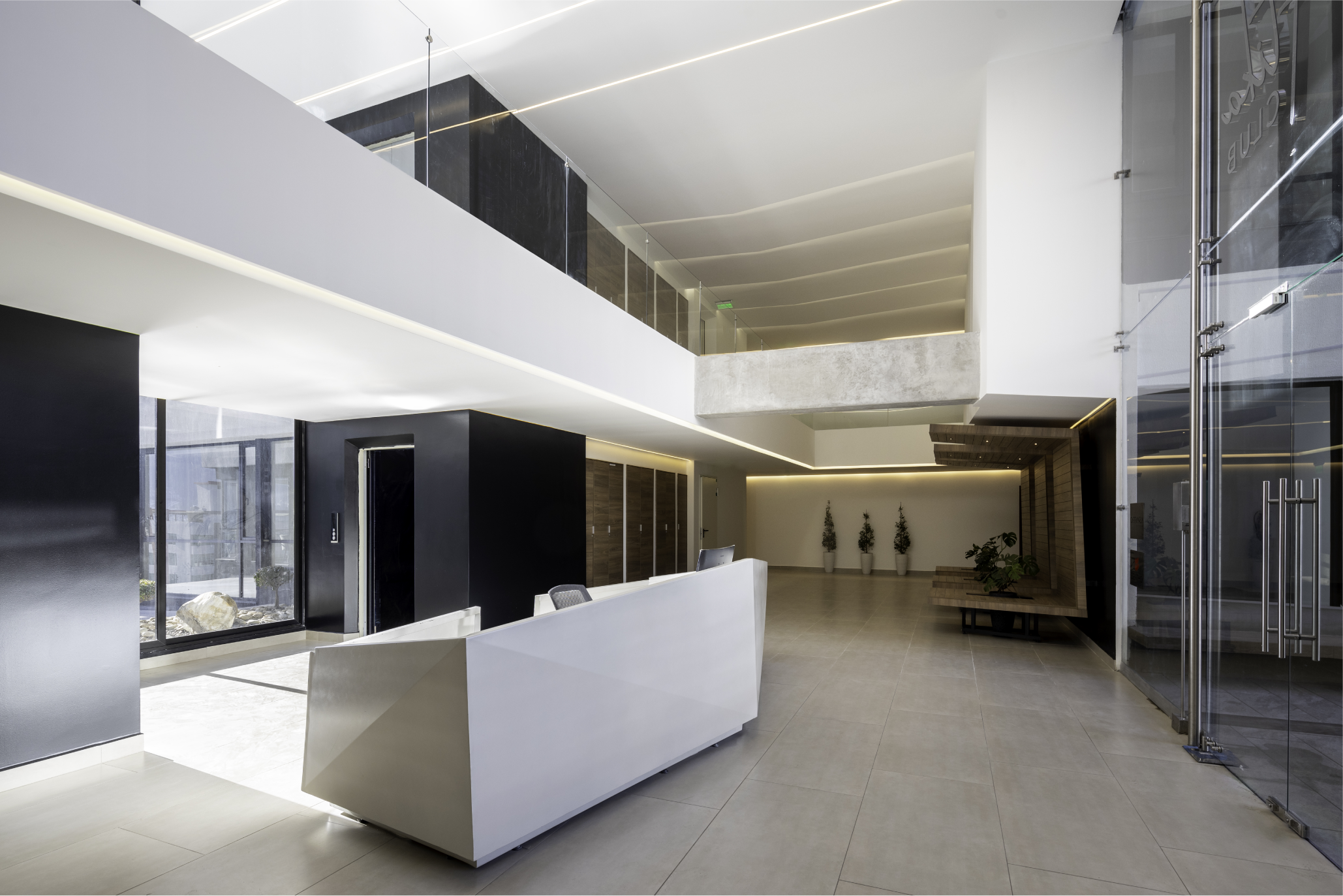 Vestíbulo moderno con sillón blanco, paredes negras y blancas, decoración minimalista, plantas en macetas, pasillo con paredes de madera y iluminación LED.