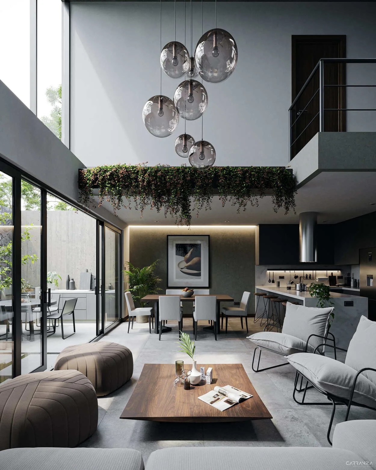 Interior de una casa moderna con sala, comedor y cocina, ventanas grandes, decoración minimalista y plantas.