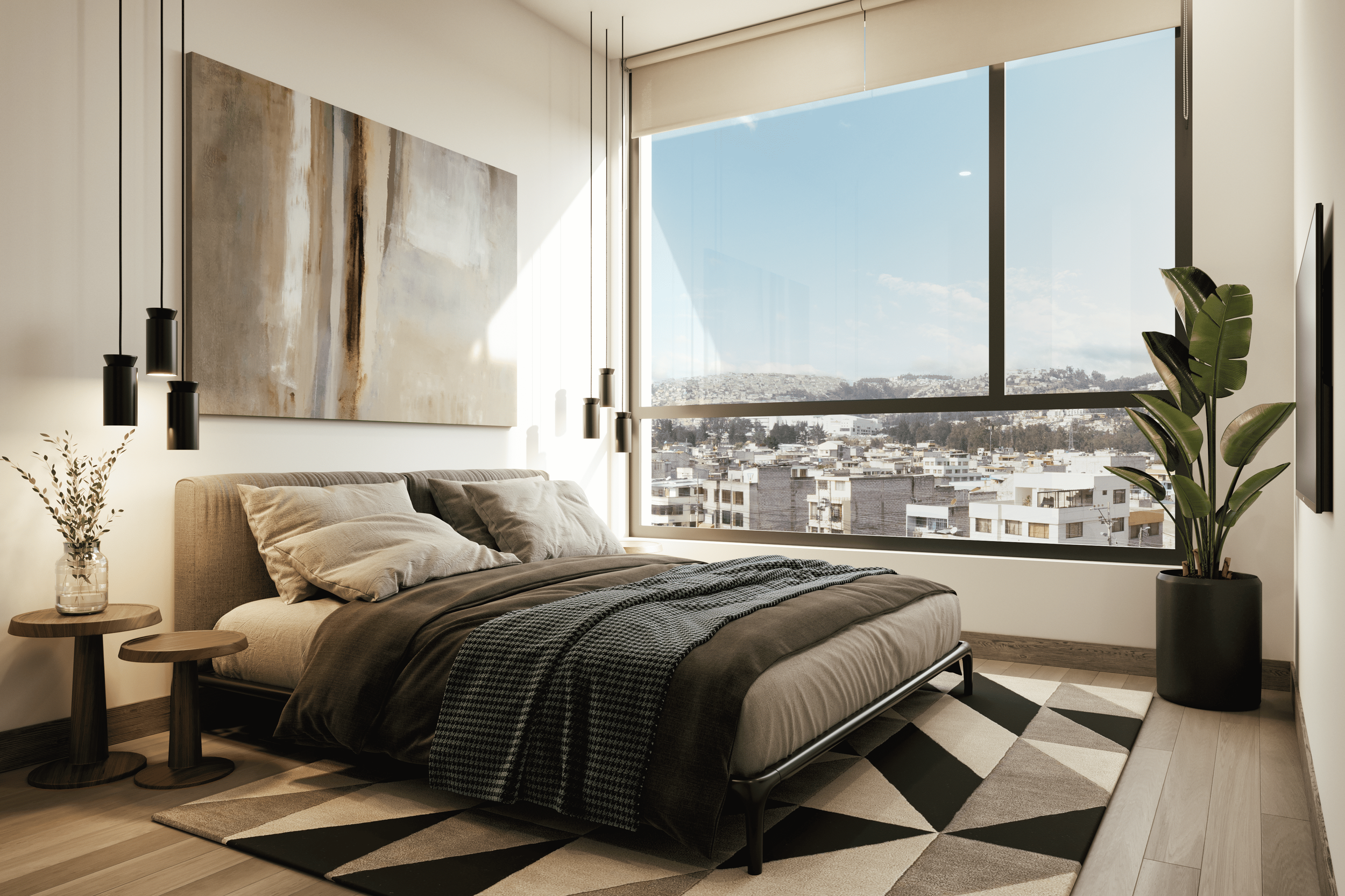 Habitación moderna con cama, cuadros y plantas, con gran ventana con vista a la ciudad y colinas.