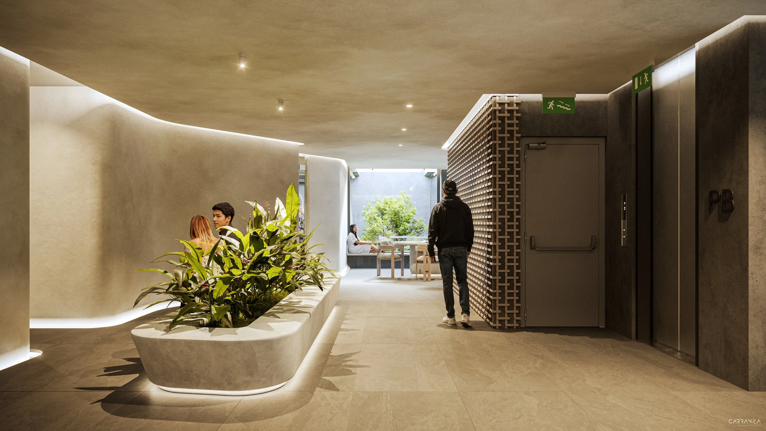 Interior moderno con paredes beige, plantas en maceta y varias personas sentadas, un arco de entrada con escaleras de emergencia a la derecha y ventanas con vista a un árbol verde.