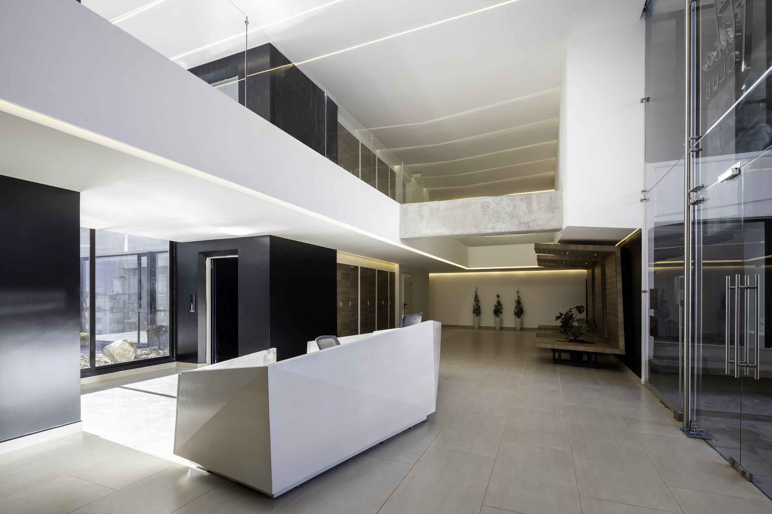 Vestíbulo moderno con sillón blanco, paredes blancas y negras, plantas en jarrones y áreas de descanso con madera.