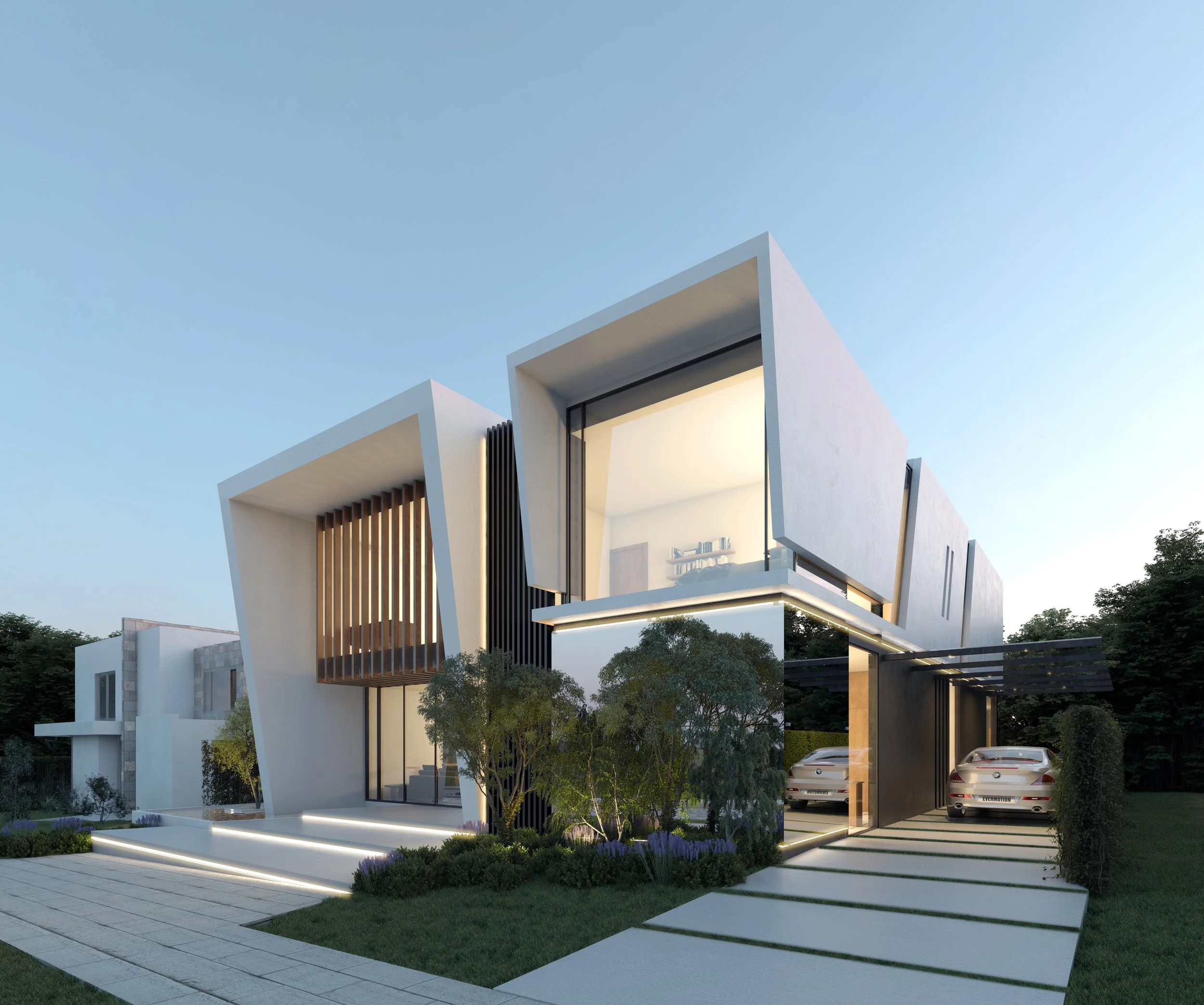 Casa moderna de dos pisos con diseño arquitectónico innovador, ventanas grandes, área de estacionamiento con dos autos y jardín con árboles y plantas.