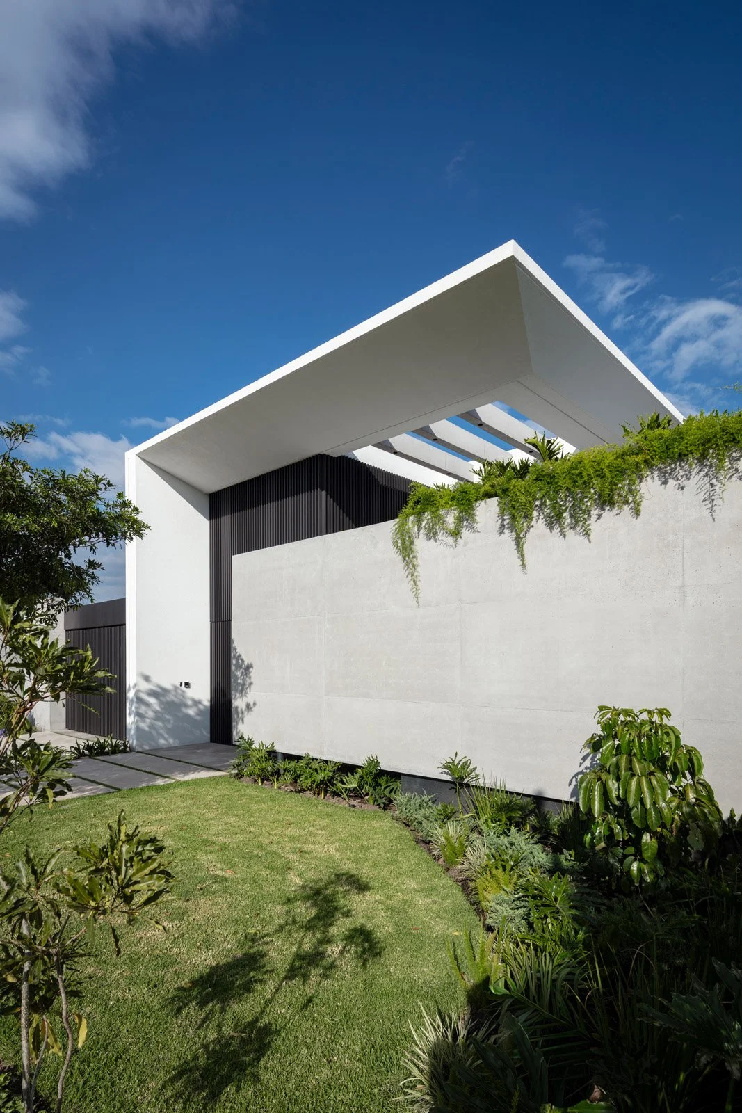 Fachada moderna de una casa de color blanco con líneas rectas, algunos detalles en negro y vegetación en el jardín.