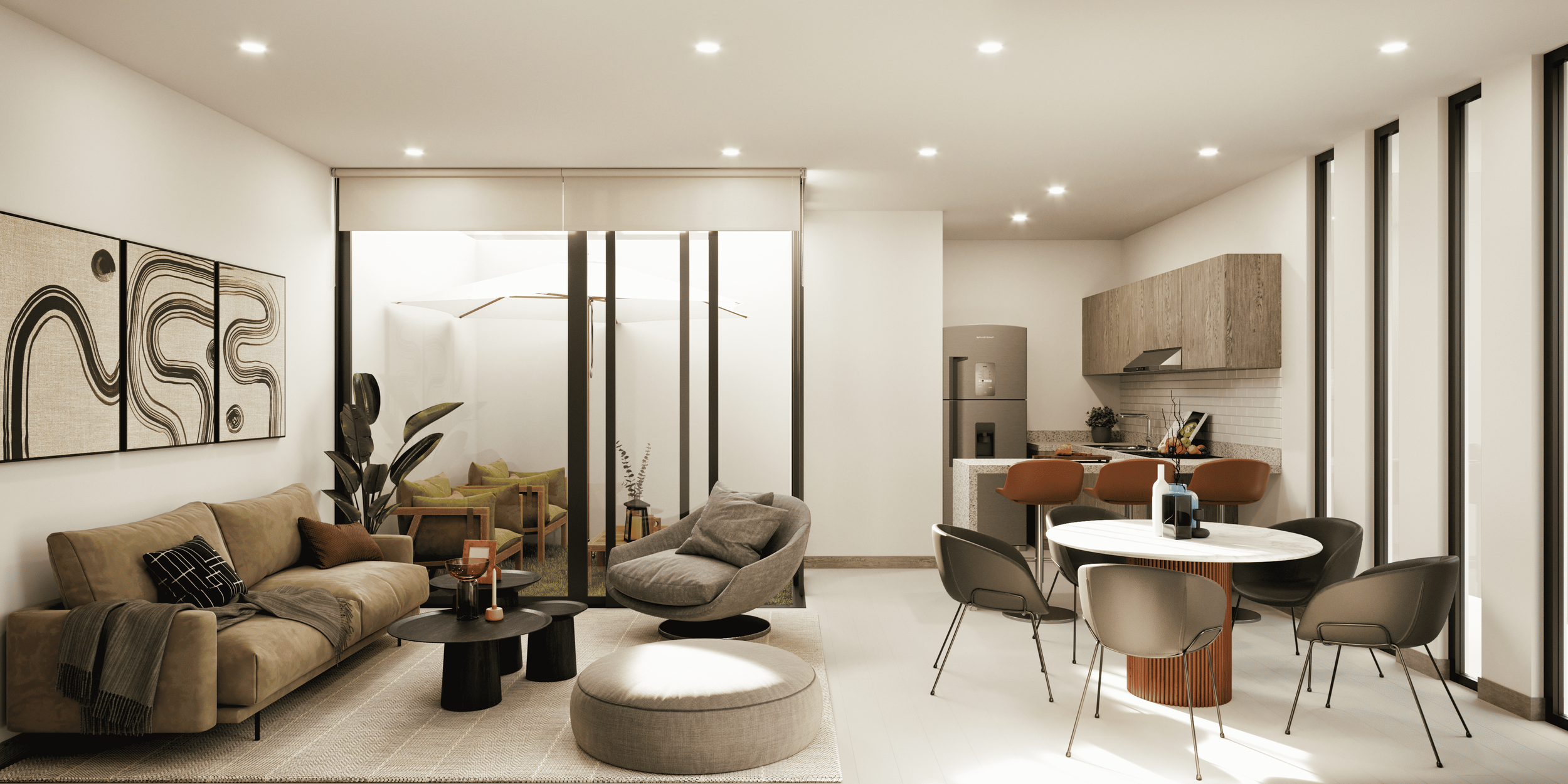 Sala de estar abierta con sofá, sillones y mesa, comedor con sillas, cocina con azulejos blancos y gabinetes de madera, y una zona de jardín visible a través de ventanas grandes.