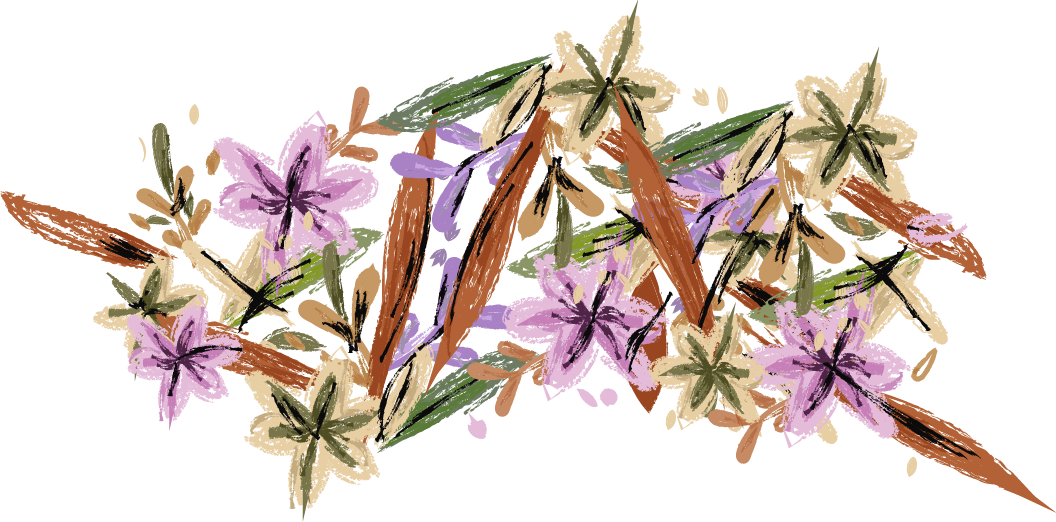 Dibujo digital de flores con tonos morados, verdes y marrones en estilo abstracto.