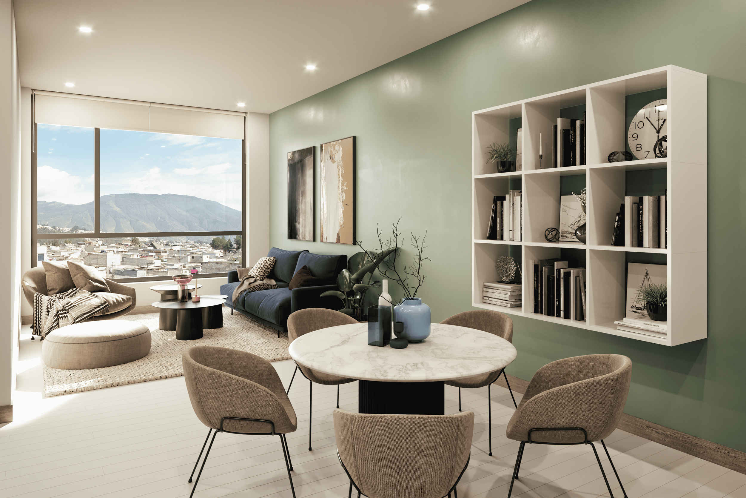 Sala y comedor en un departamento con vista a la ciudad y montañas, muebles en tonos neutros y decoraciones modernas.