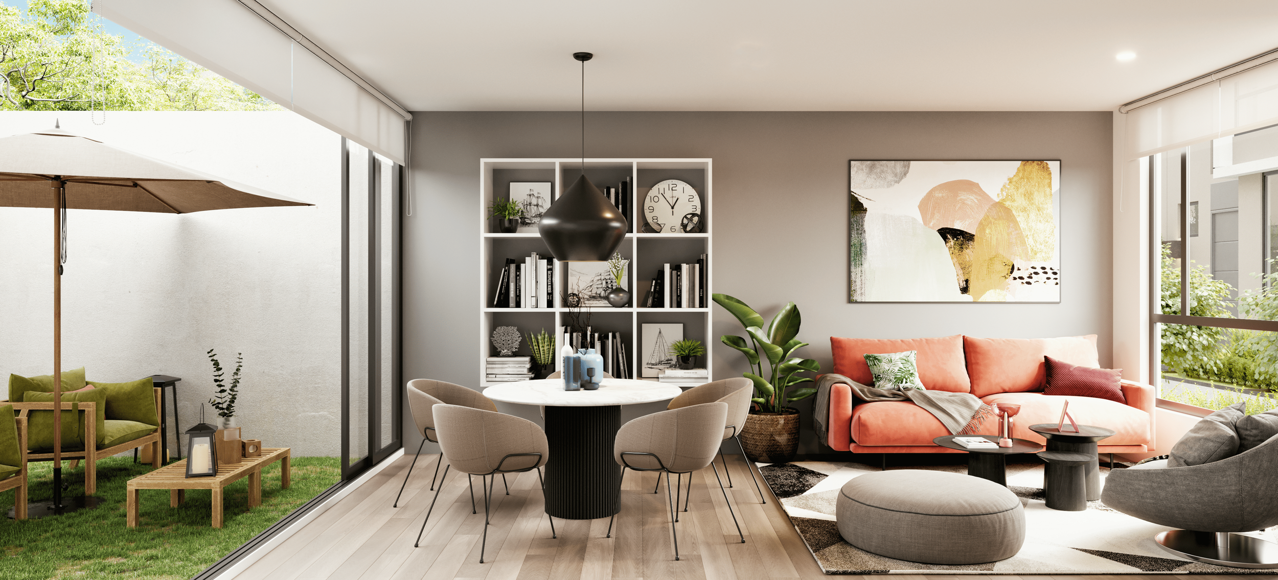 Sala de estar moderna con sillones beige, sofá rosado, respaldo gris, Áreas verdes y luz natural de ventanas grandes, estantería blanca con libros y decoraciones