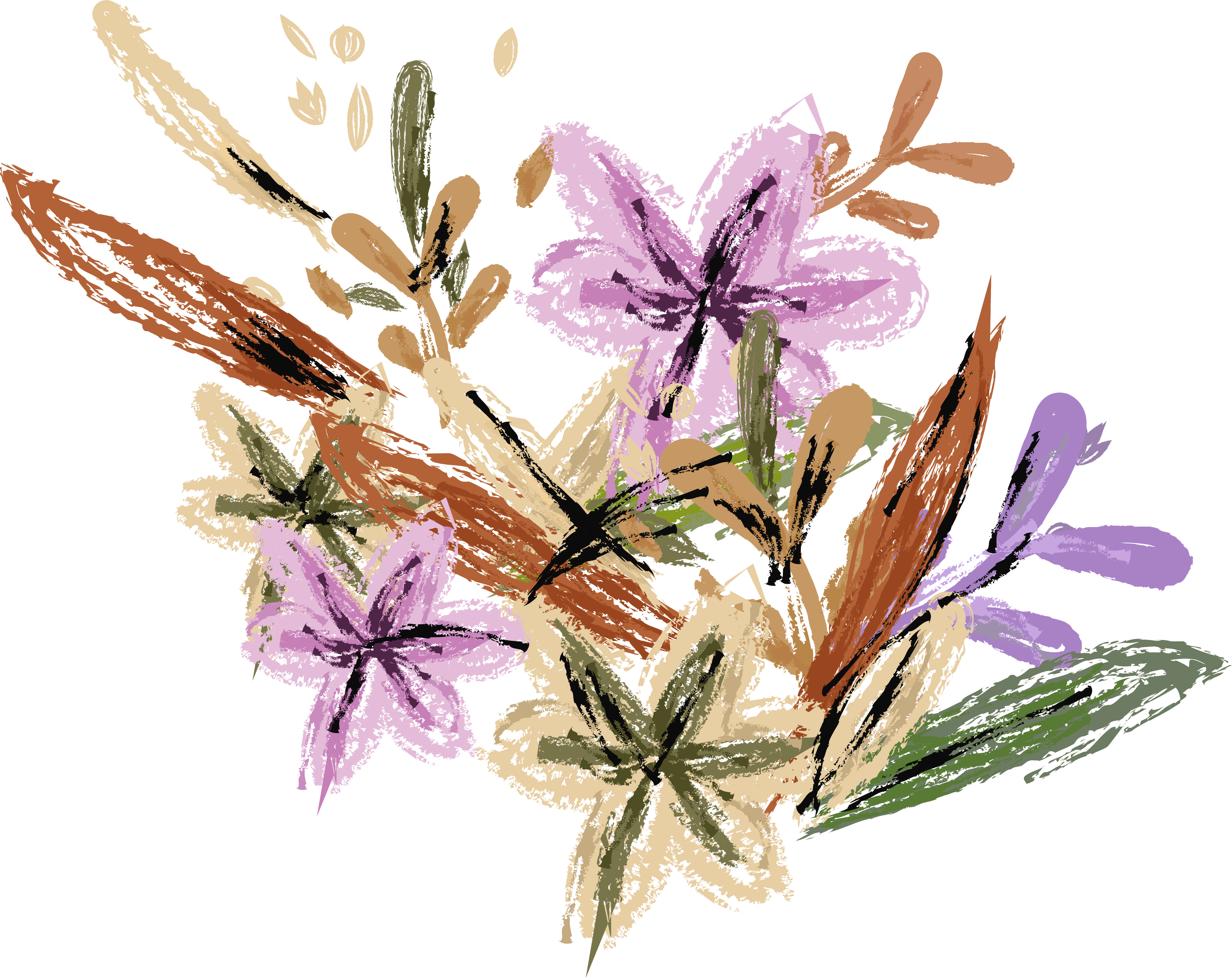 Un dibujo abstracto de flores en tonos rosados, lilas, marrón, verde y beige, con formas de hojas y pétalos