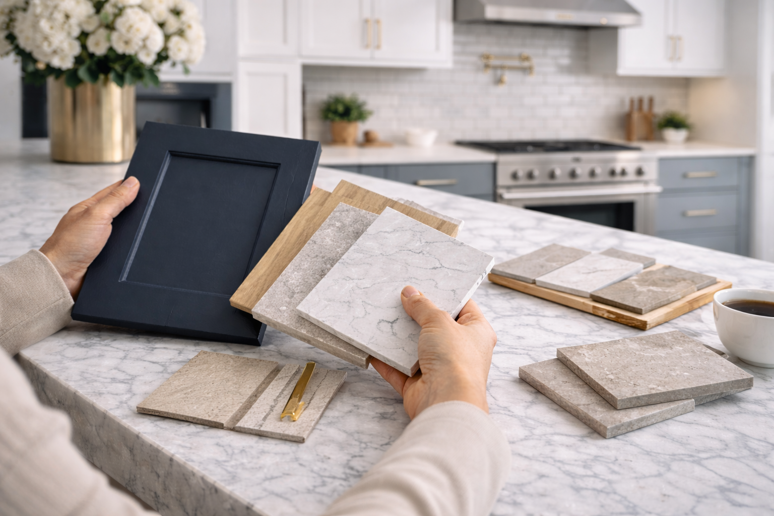 Person holding sample tiles and color swatches in a kitchen with marble countertop and modern appliances.