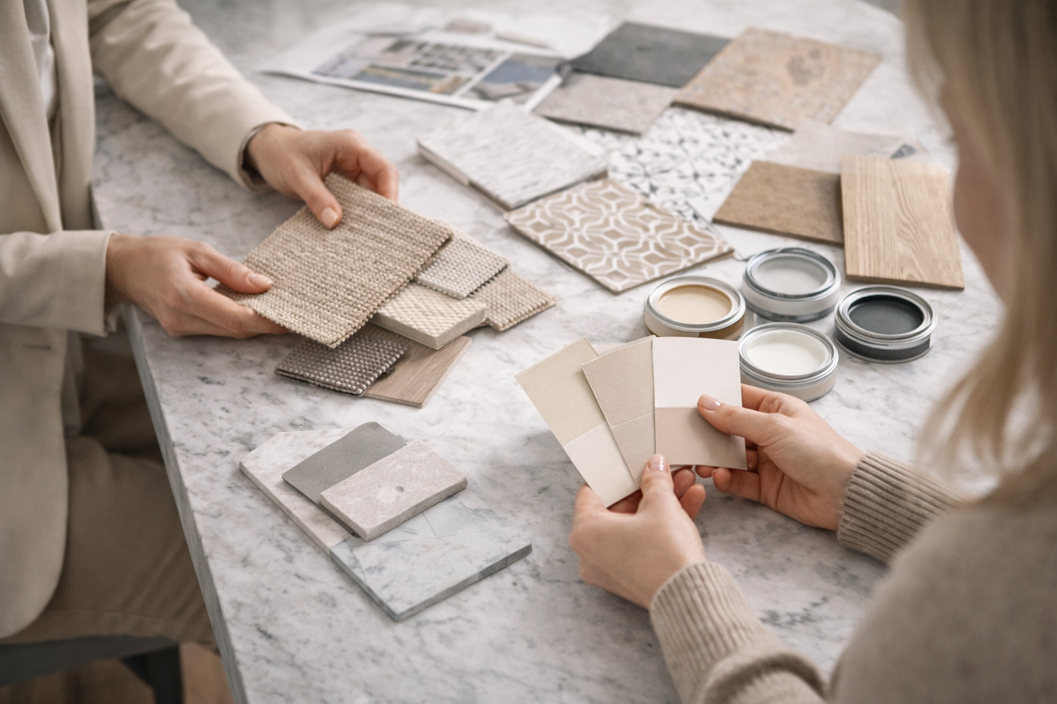 Two people discussing interior design samples, holding color and material swatches at a marble table with various tiles, fabric samples, and paint containers.
