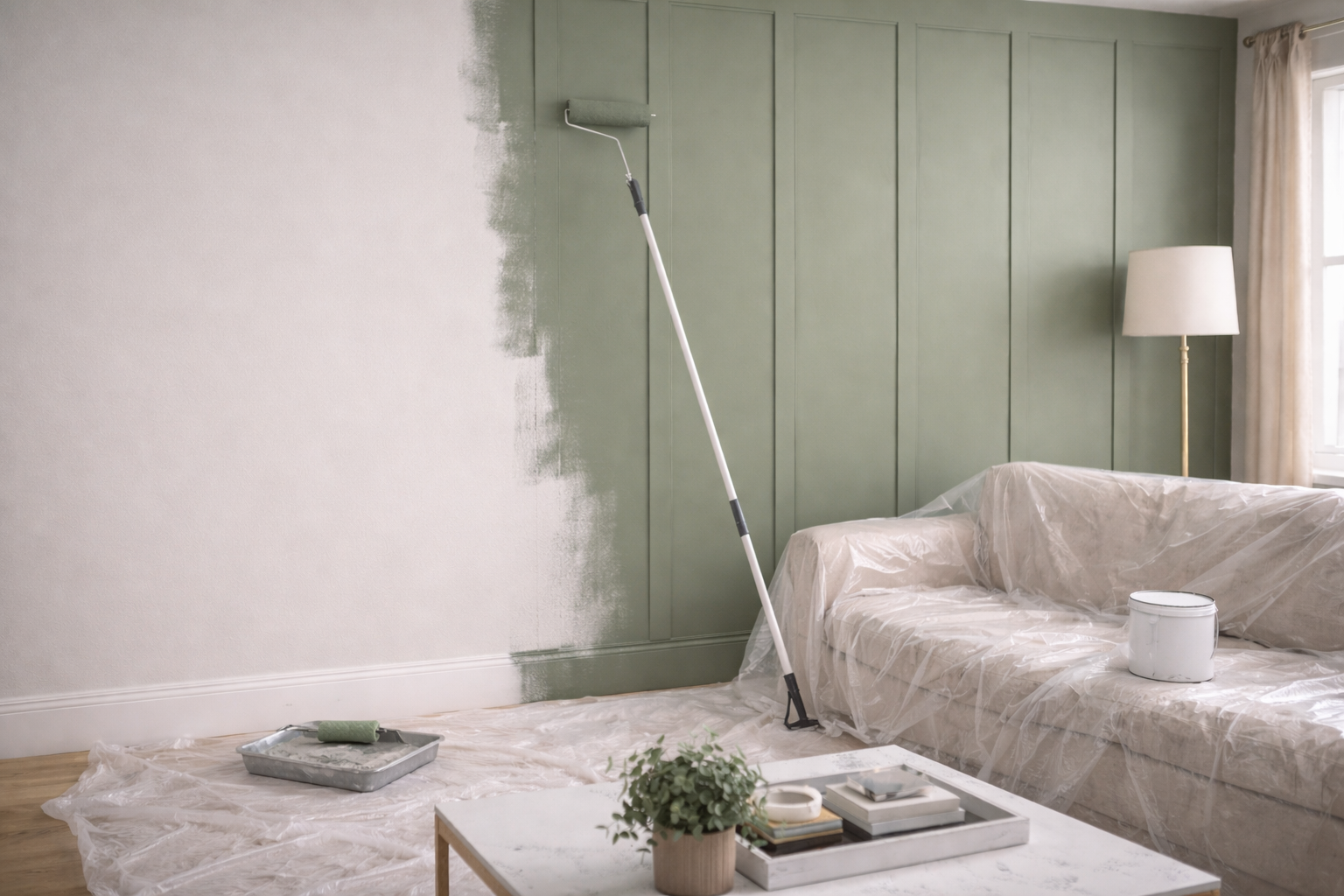 Living room during painting renovation, with a wall partially painted in light green, a paint roller on a tray on the floor, a plastic sheet covering the couch, and painting tools on a coffee table.