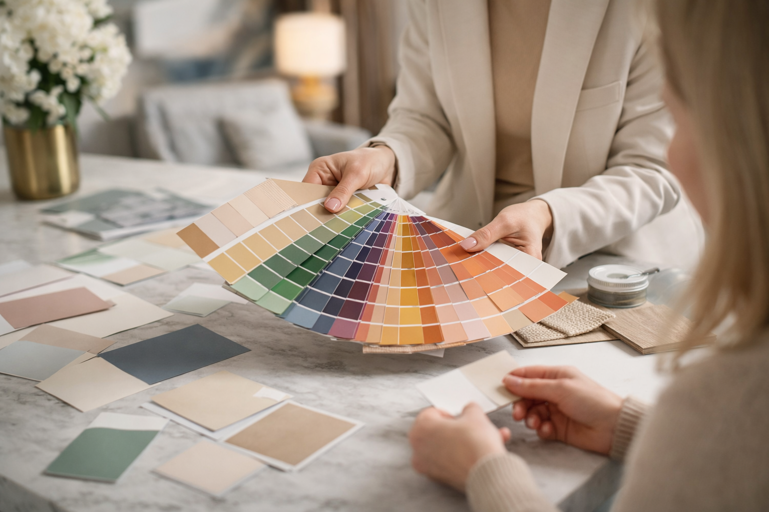 Two women discuss a color palette for interior design at a marble table, with various color samples and swatches.