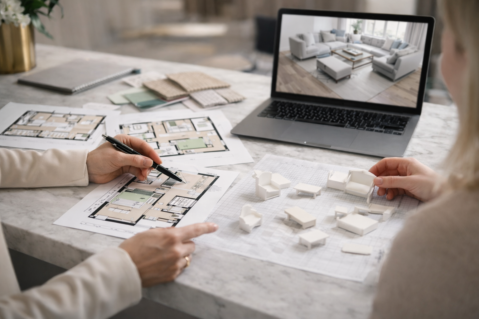 Two people working on an interior design project at a marble table. One is pointing to a floor plan and the other is holding small white furniture models. There are architectural plans, fabric swatches, and a laptop displaying a living room interior.