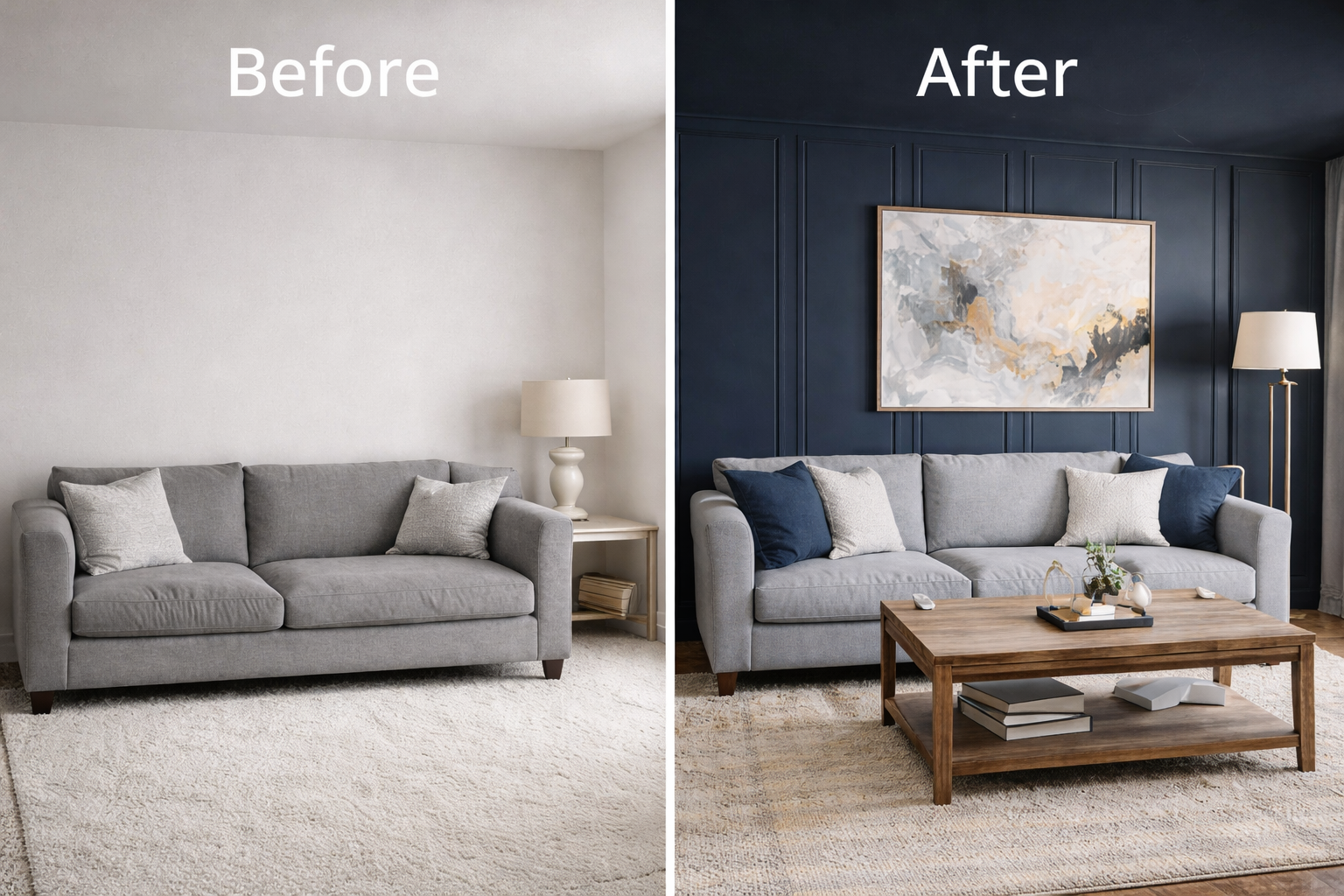 Comparison of a living room before and after renovation: before shows a plain white wall with a gray sofa and a small side table, after shows a dark blue accent wall with paneling, a large abstract painting, a gray sofa with decorative pillows, a wooden coffee table, and a floor lamp.