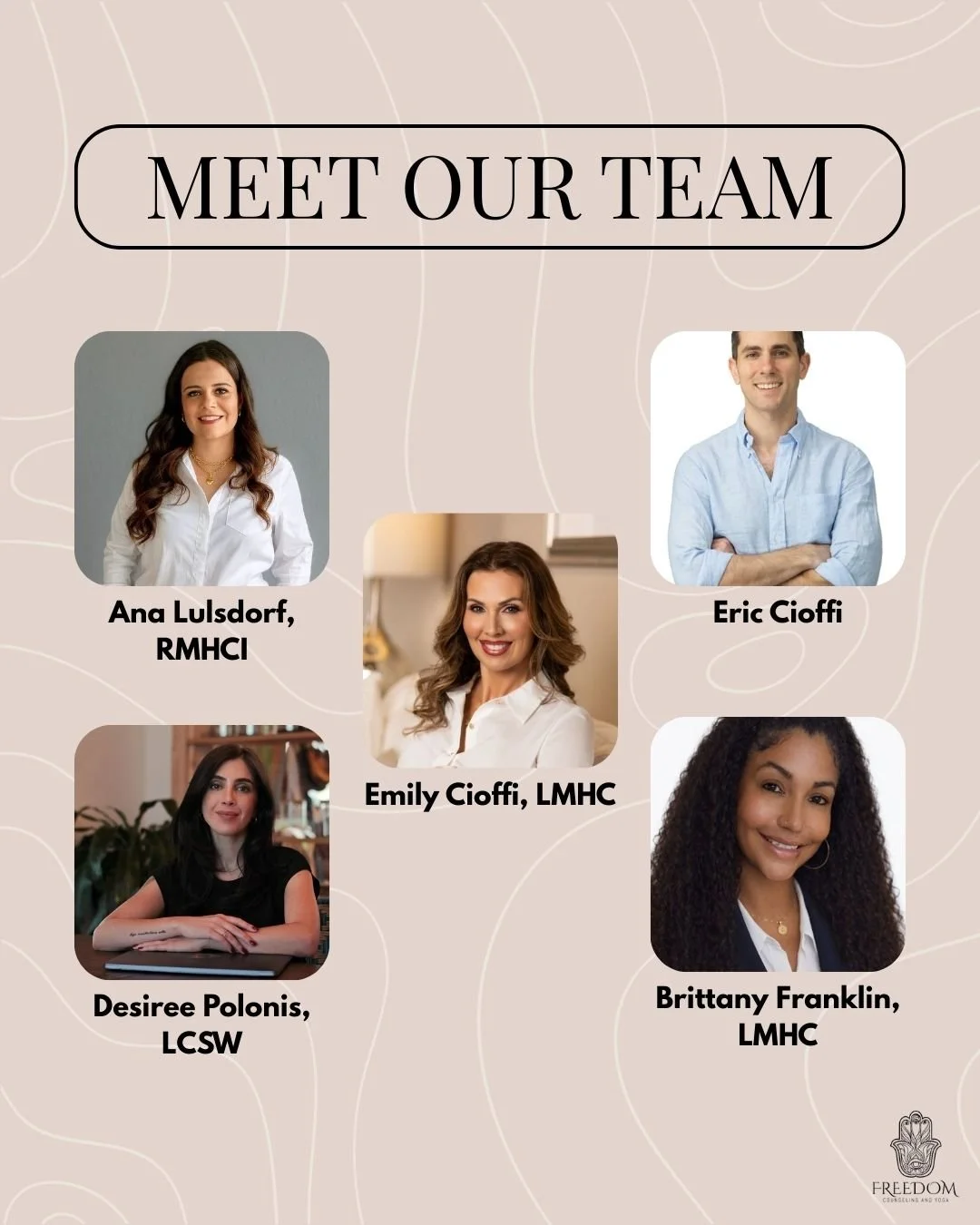 Meet the team behind Freedom Counseling and Yoga!

Want to work with us? Reach out today to get started ✨

Follow @emily_cioffi_counseling for more support, validation and honest conversations around relationships and healing.

Reminder: my platform 