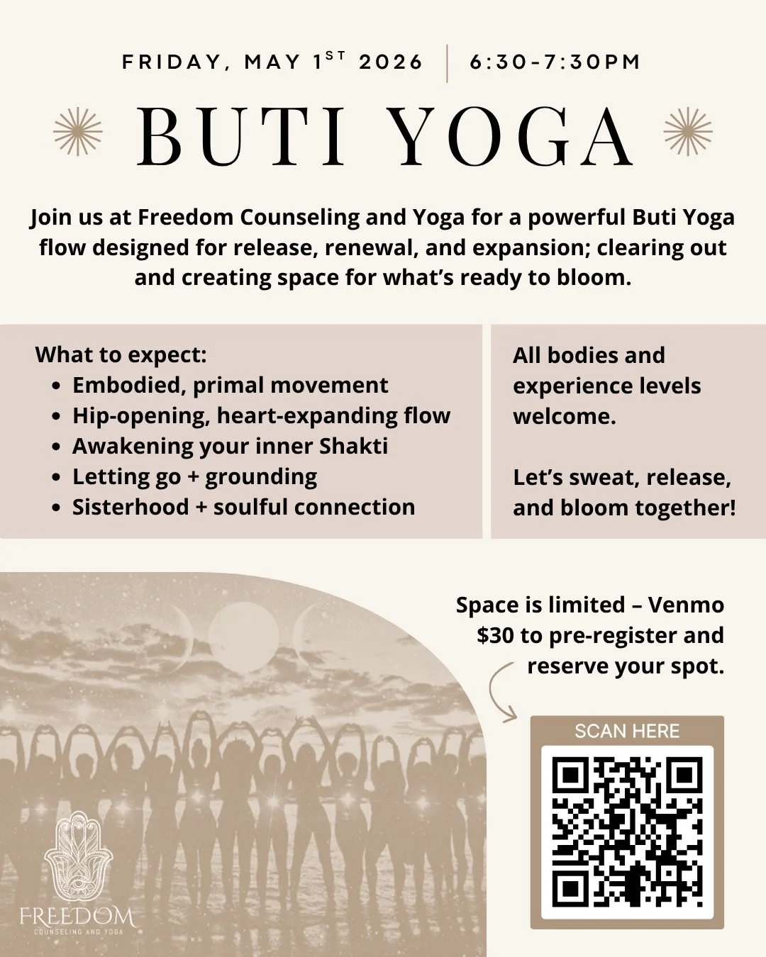Come and join us at Freedom Counseling and Yoga for Full Moon Buti Yoga on Friday May 1st ✨

Step into the magic of the Flower Moon &mdash; a full moon symbolizing blossoming, fertile growth, and rising feminine power.

The Flower Moon reminds us tha