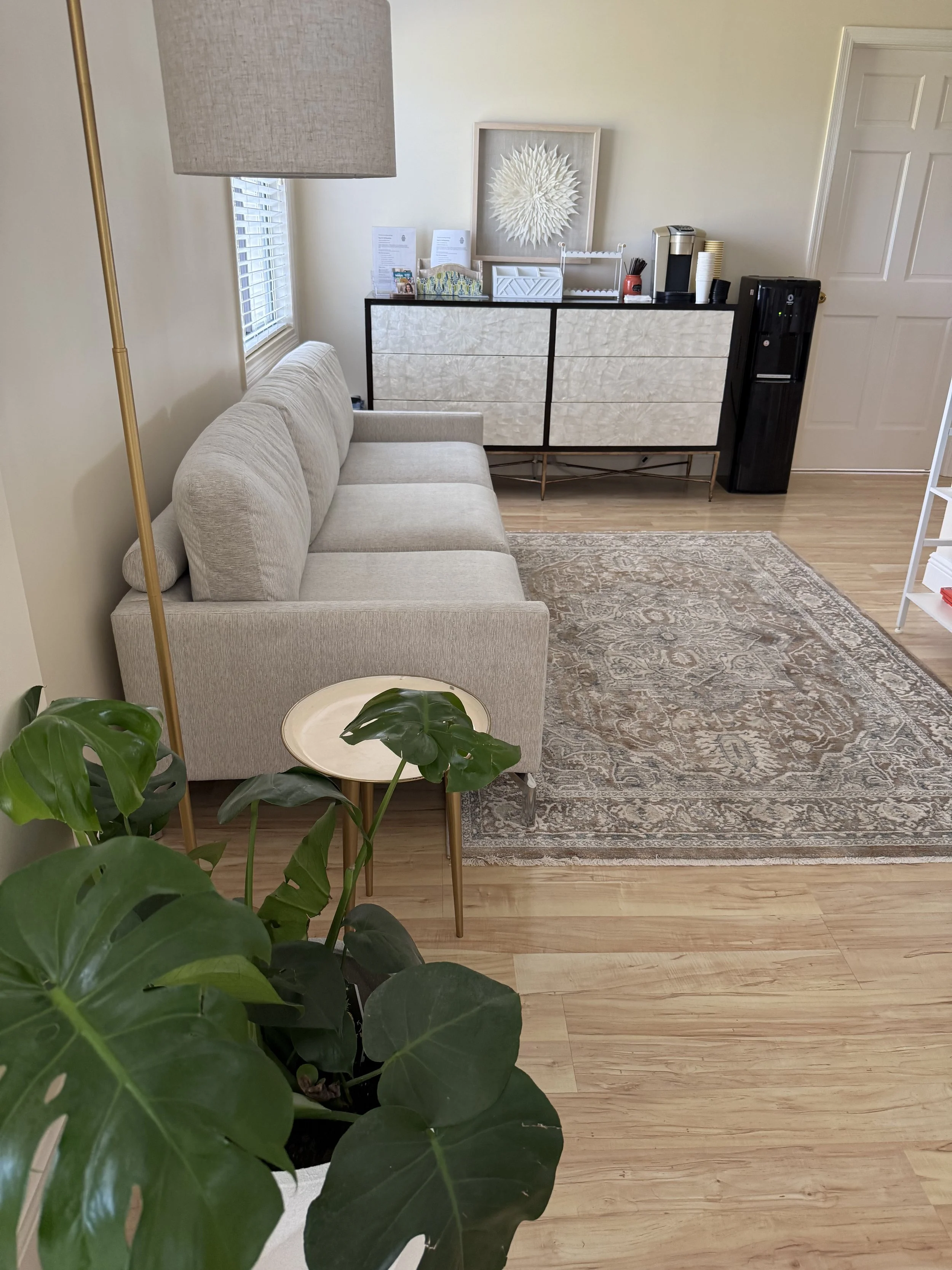 Indoor living space with beige sofa, wooden floor, decorative rug, large green plant, white cabinet with artwork, coffee and drink station, and large window.