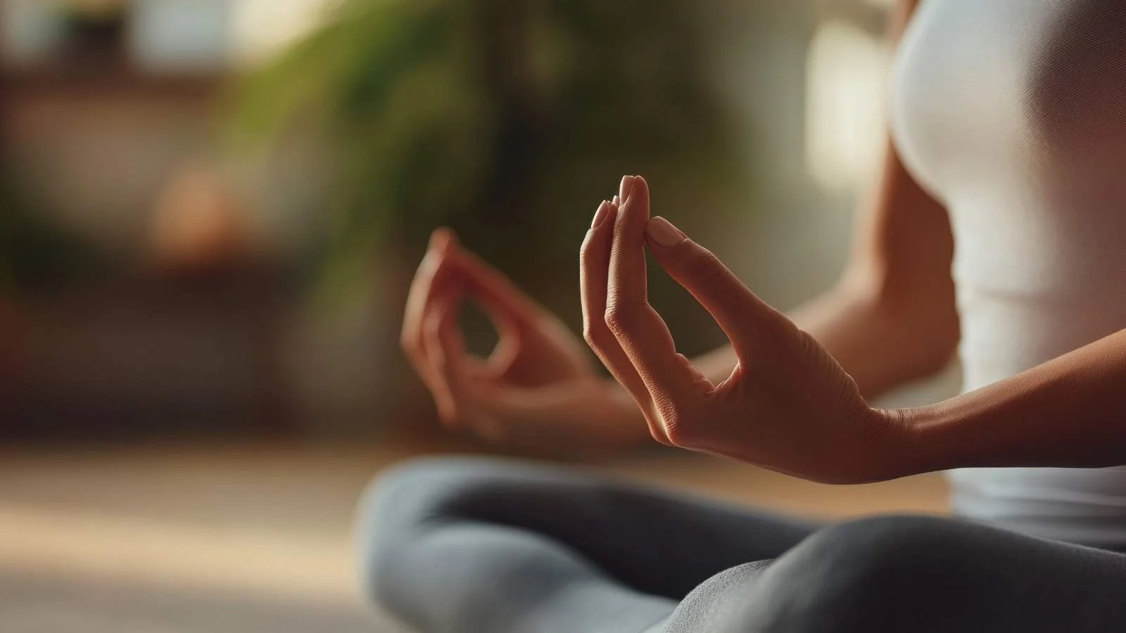 A person practicing yoga or meditation outdoors, sitting cross-legged and holding their hands in a mudra gesture.
