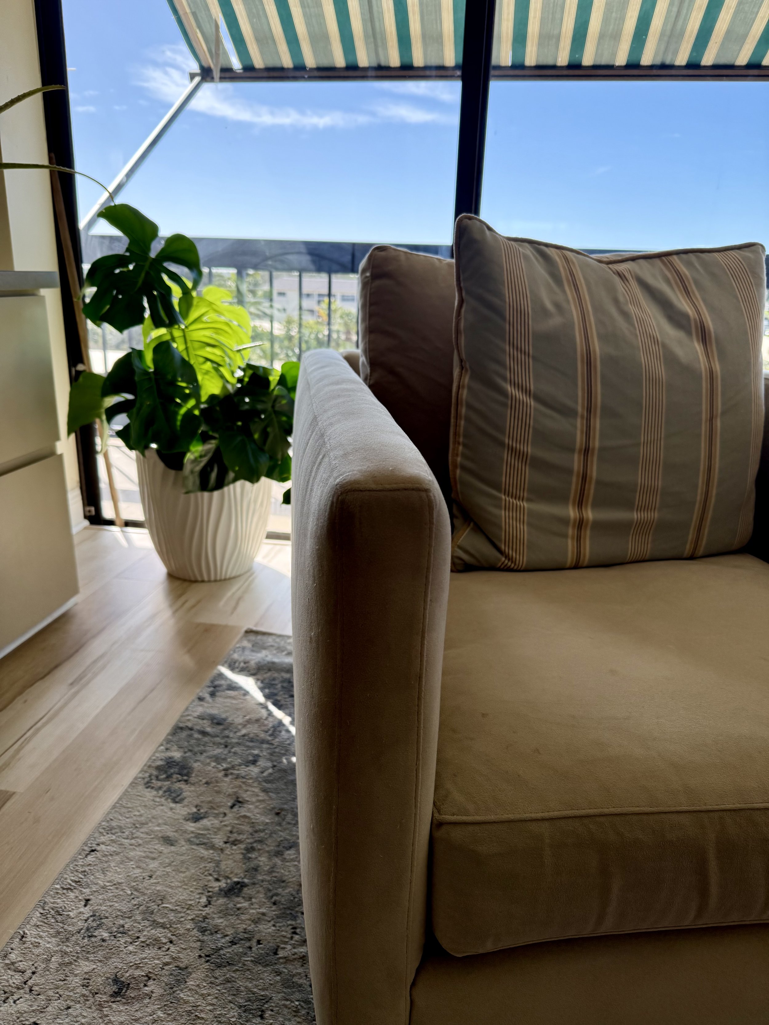 Living room with beige upholstered sofa, striped cushion, potted plant, rug, wood flooring, and balcony with blue sky outside.