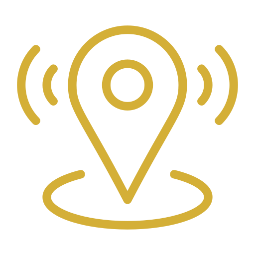 Icon of a location pin with signal waves radiating outward, symbolizing GPS or location tracking.