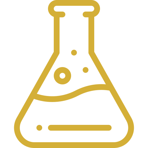 Gold outline of a laboratory flask on a black background.