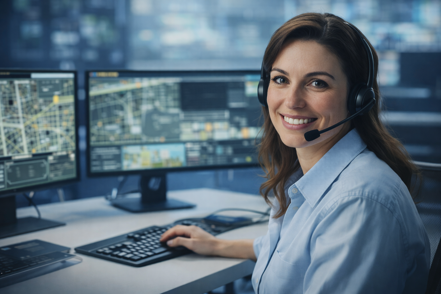 A smiling woman in a light blue shirt wearing a headset working at a control center with multiple monitors displaying maps and data.