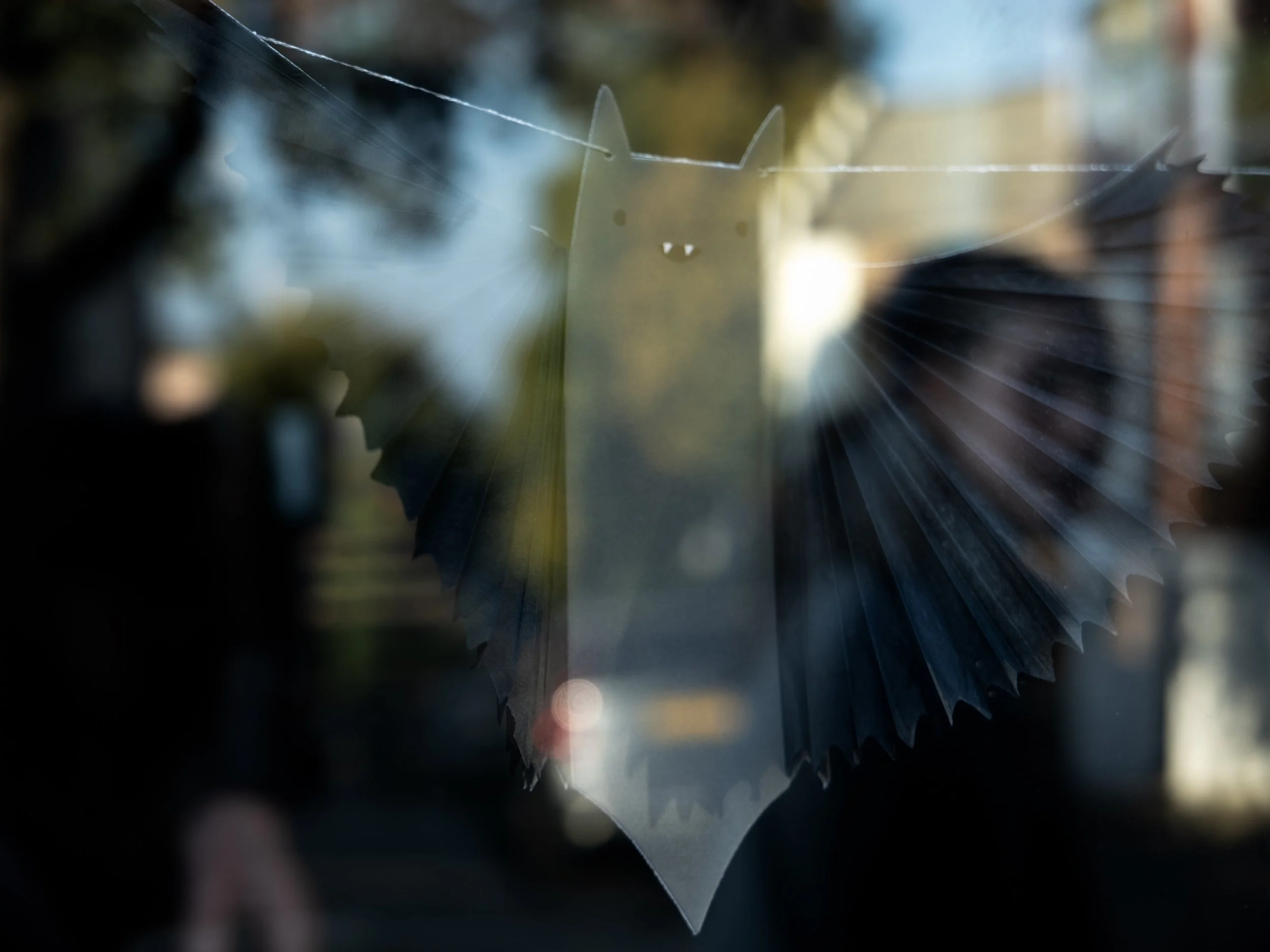 Paper Halloween decoration of a black cat with yellow eyes, visible on a window with spider web design.