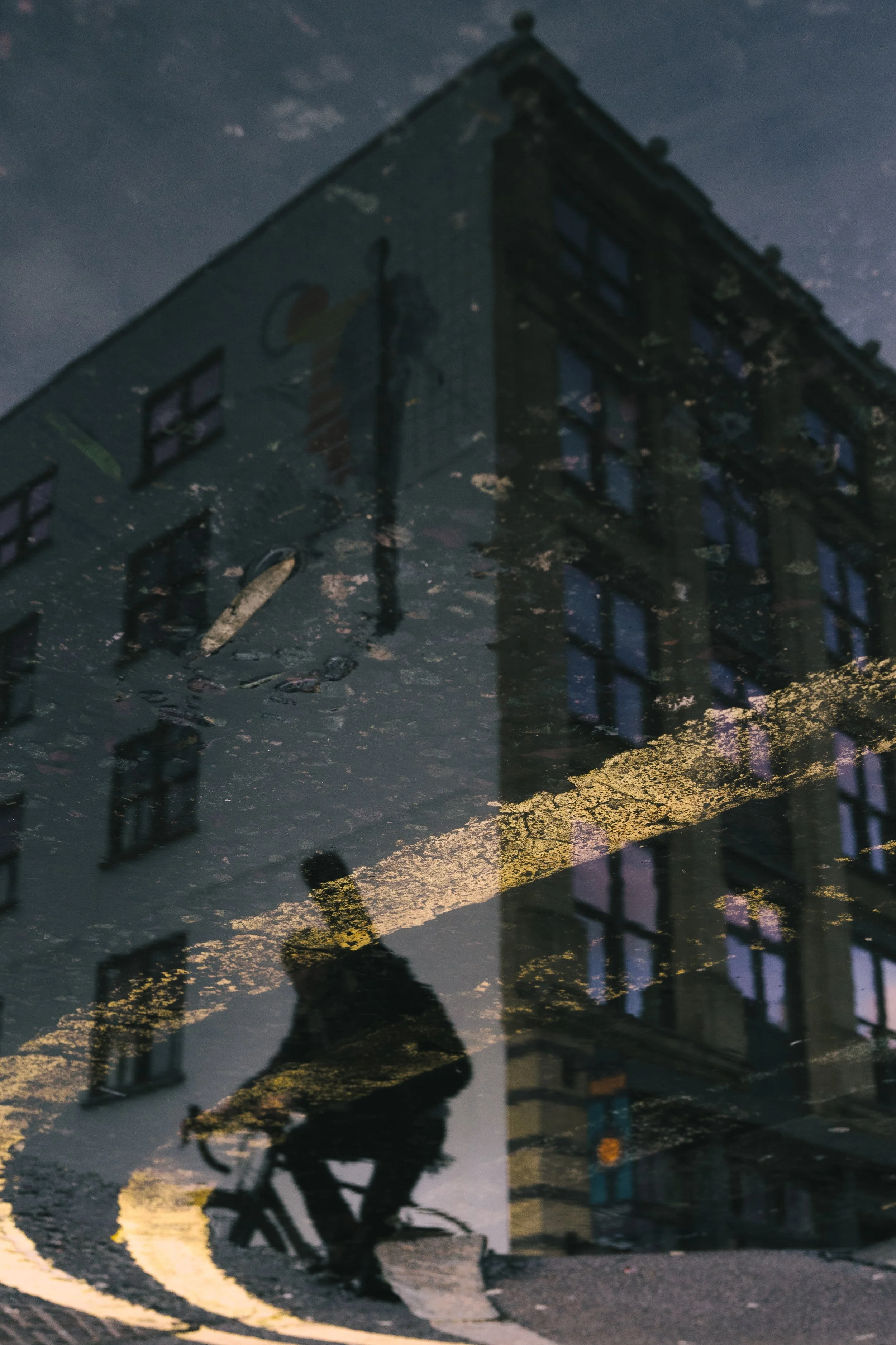 Reflection of a person riding a bicycle and a multi-story building in a puddle on the street, with a yellow street line visible.