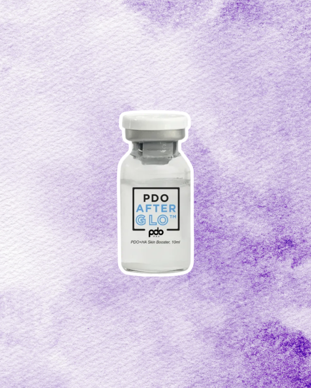 A small clear vial labeled 'PDO AFTER GLO' with a white cap, set against a purple watercolor background.