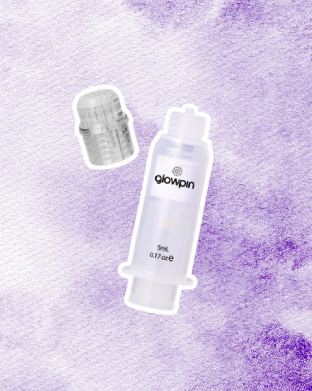 A bottle of Glowpin skincare serum with its silver cap removed, displayed on a purple textured background.