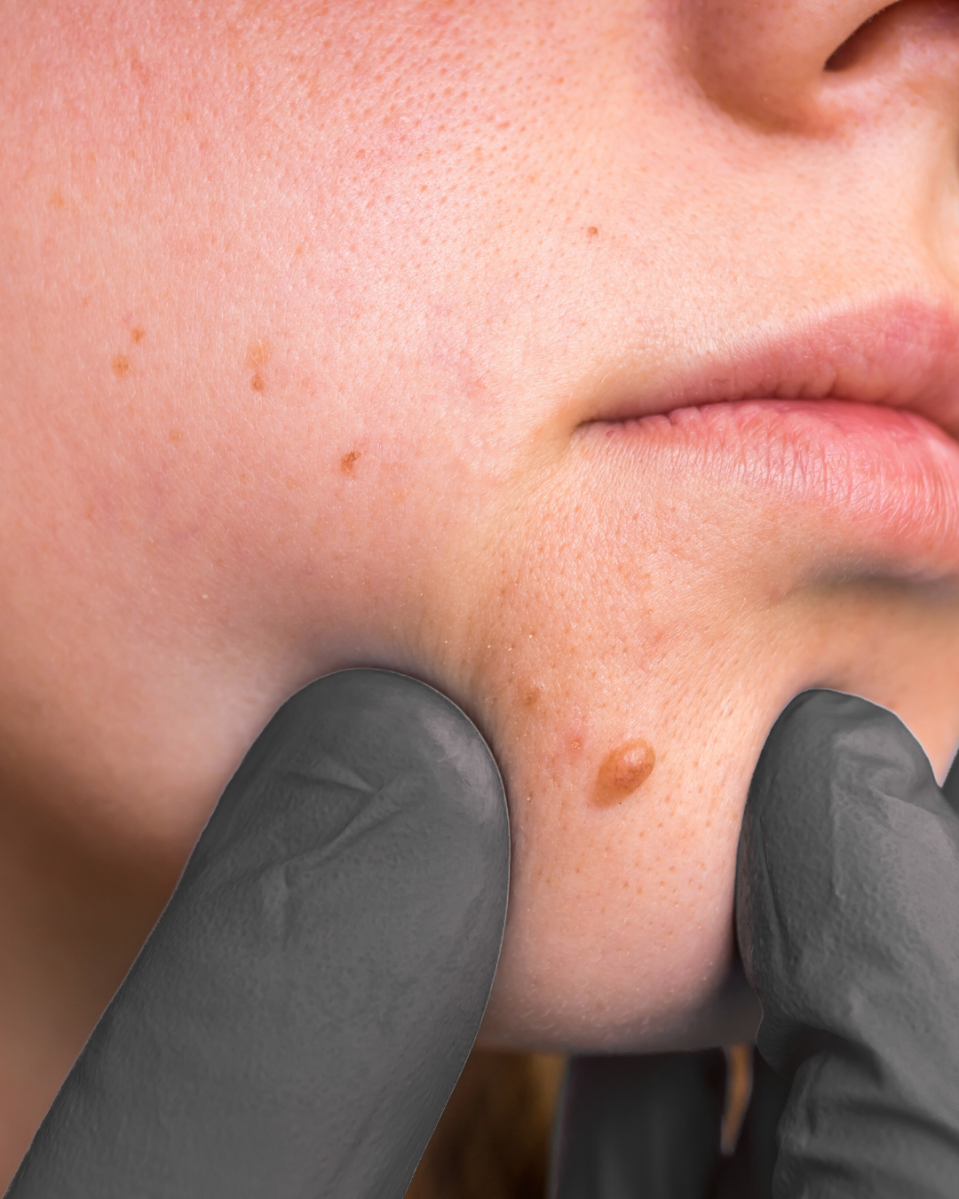 Close-up of a person's cheek and chin with a few pimples and a blackhead, with gloved fingers pressing on the skin.
