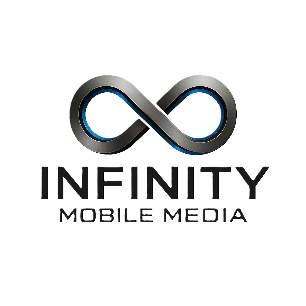 Logo for Infinity Mobile Media featuring a stylized infinity symbol with metallic and blue accents, and the text 'INFINITY MOBILE MEDIA' below.