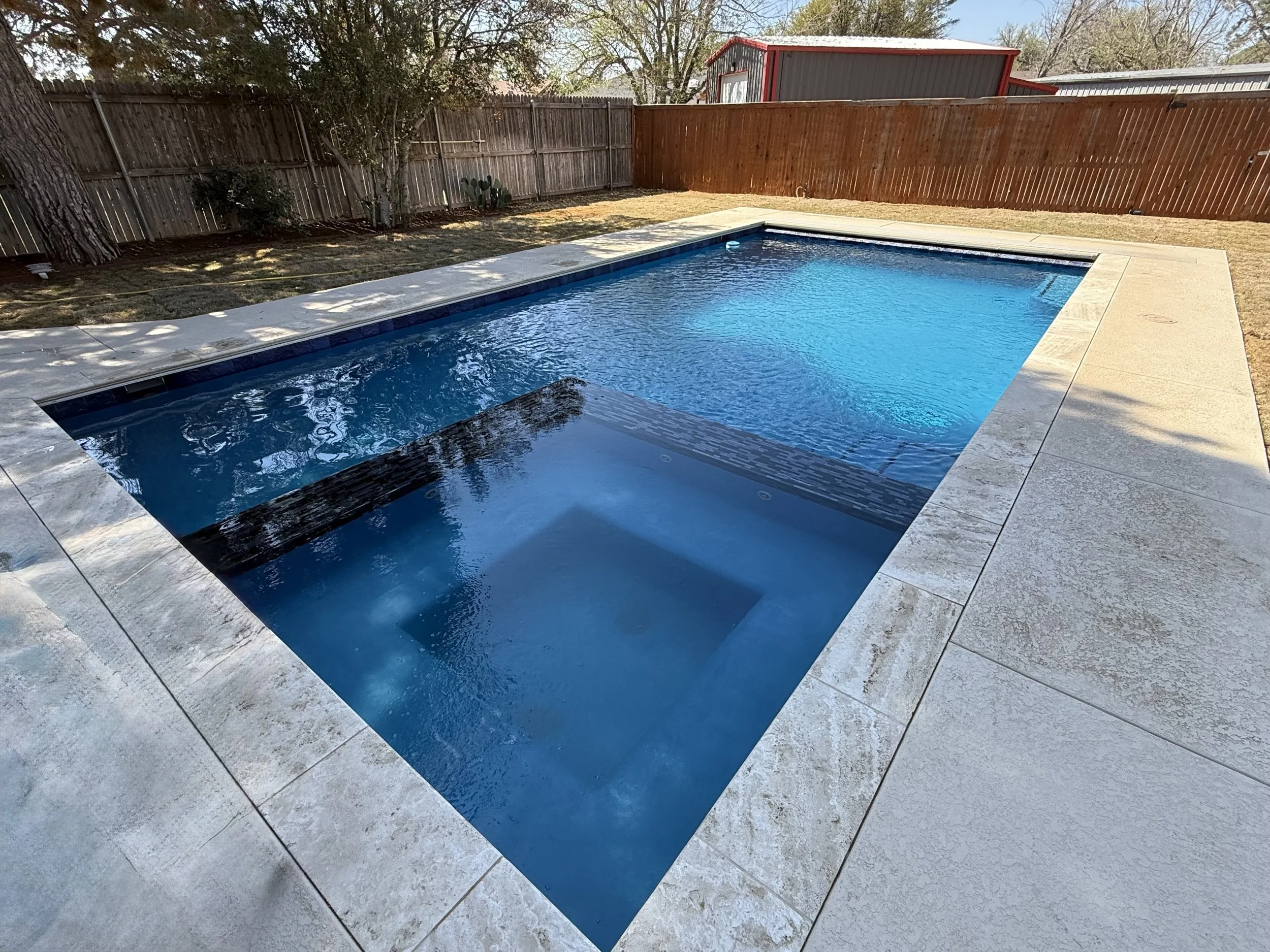 Freshly cleaned backyard pool with clear water and trimmed landscaping.