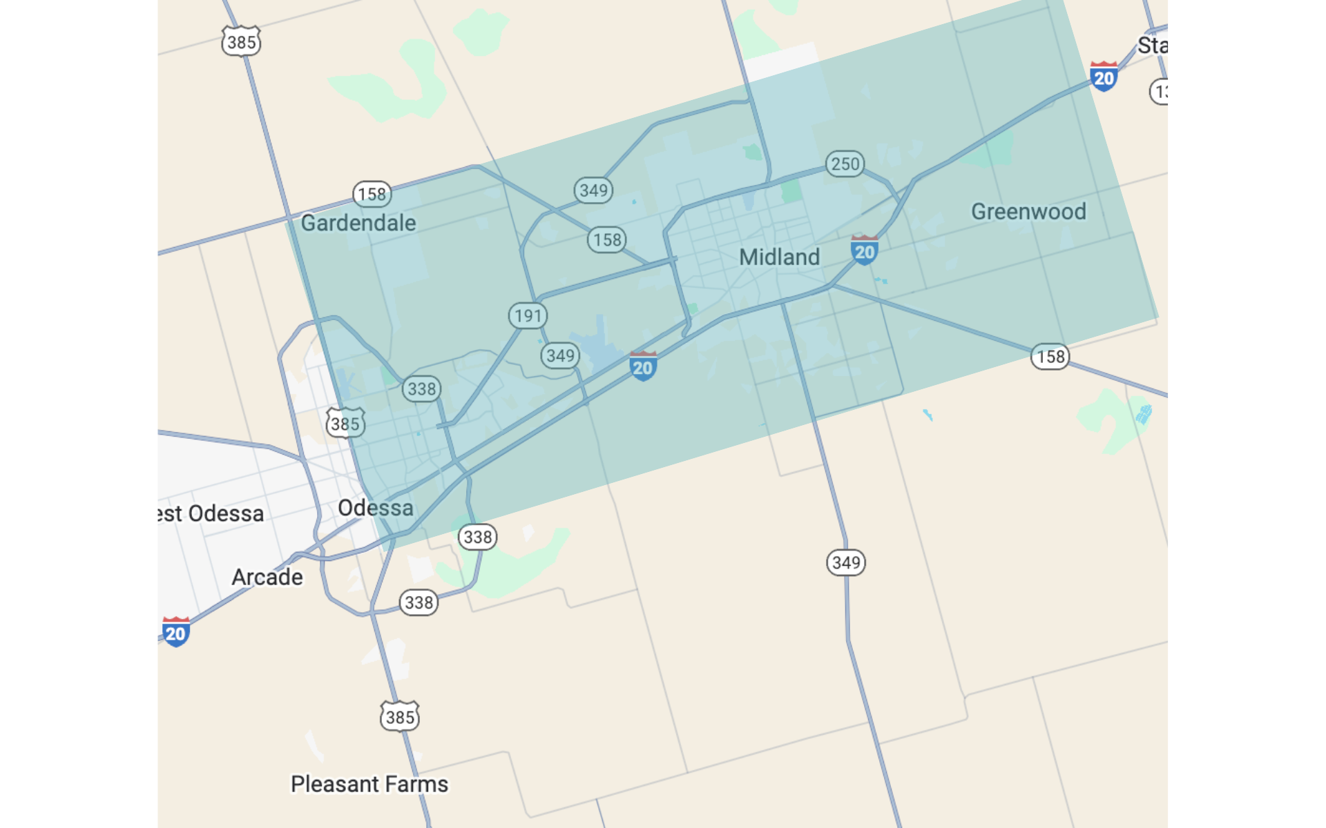 Service area map showing Tech & Pool Service by Emmanuel covering Midland, Odessa, Greenwood, and surrounding West Texas communities for residential and commercial pool maintenance and repair.
