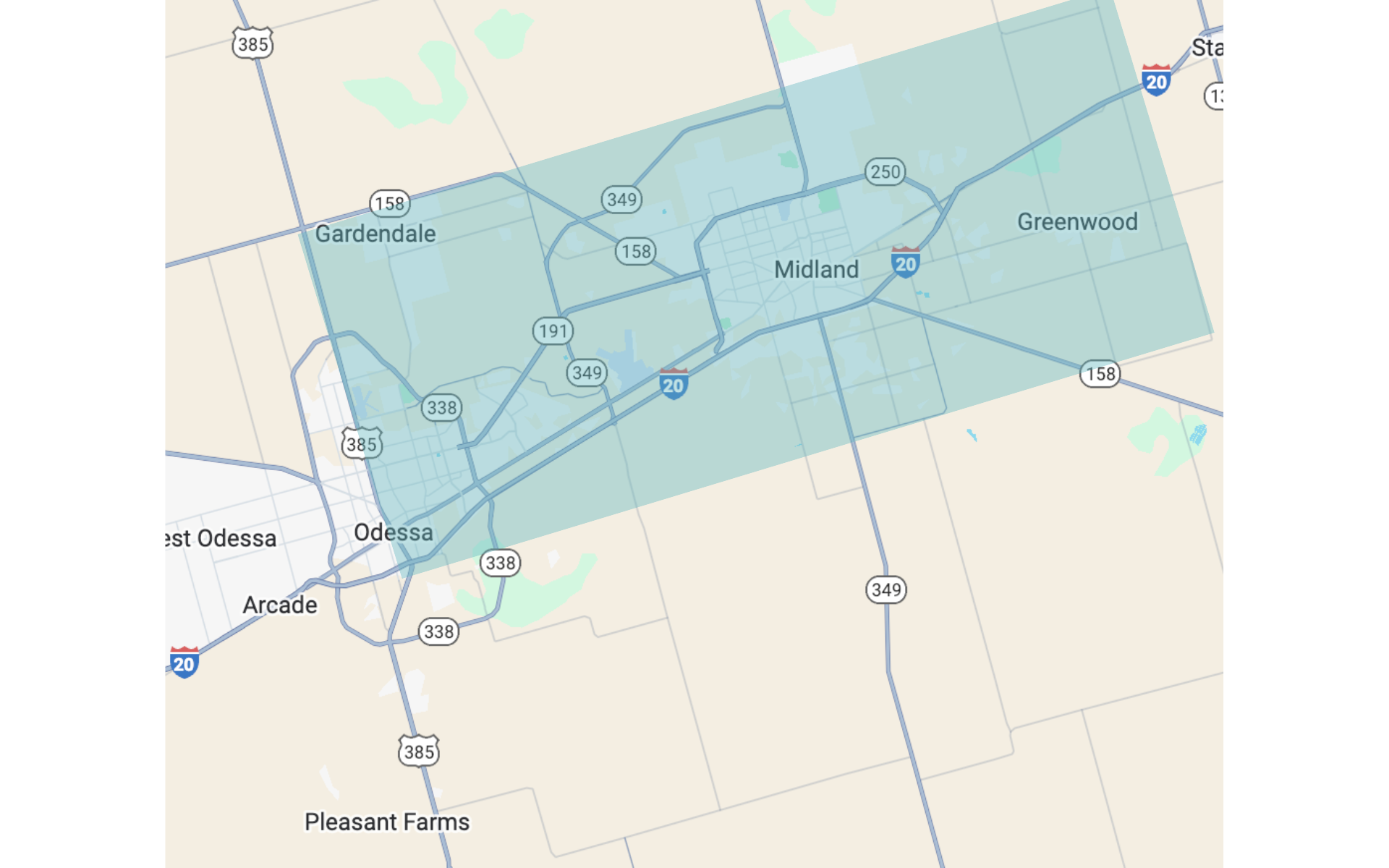 Service area map showing Tech & Pool Services by Emmanuel covering Midland, Odessa, Greenwood, and surrounding West Texas communities for residential and commercial pool maintenance and repair.
