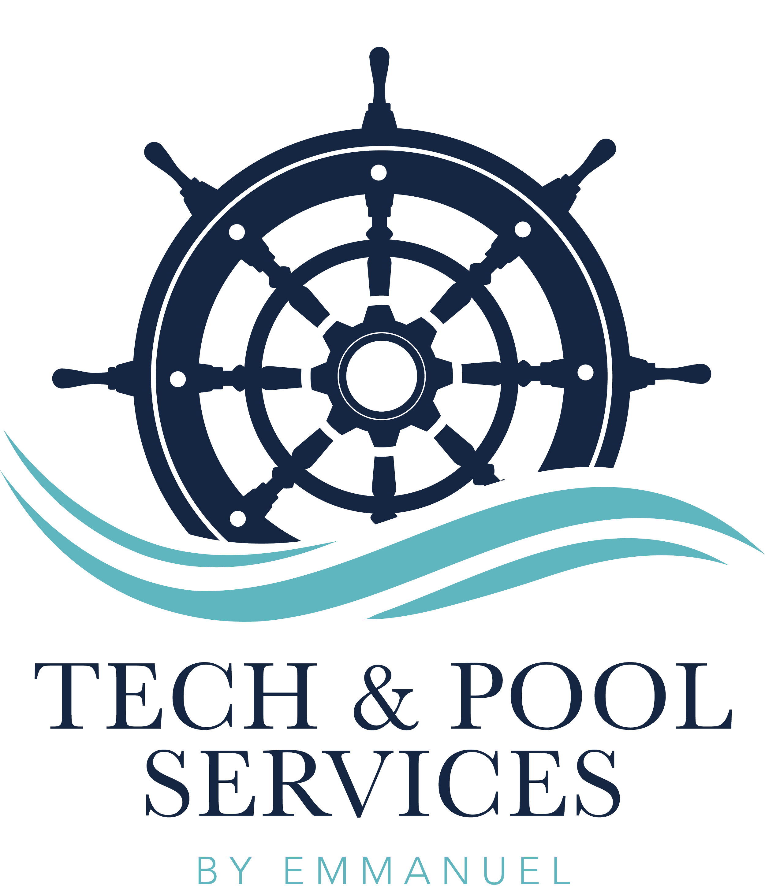 Tech & Pool Services by Emmanuel logo with ship wheel and wave graphics representing professional pool cleaning and technical services in Midland, Texas.