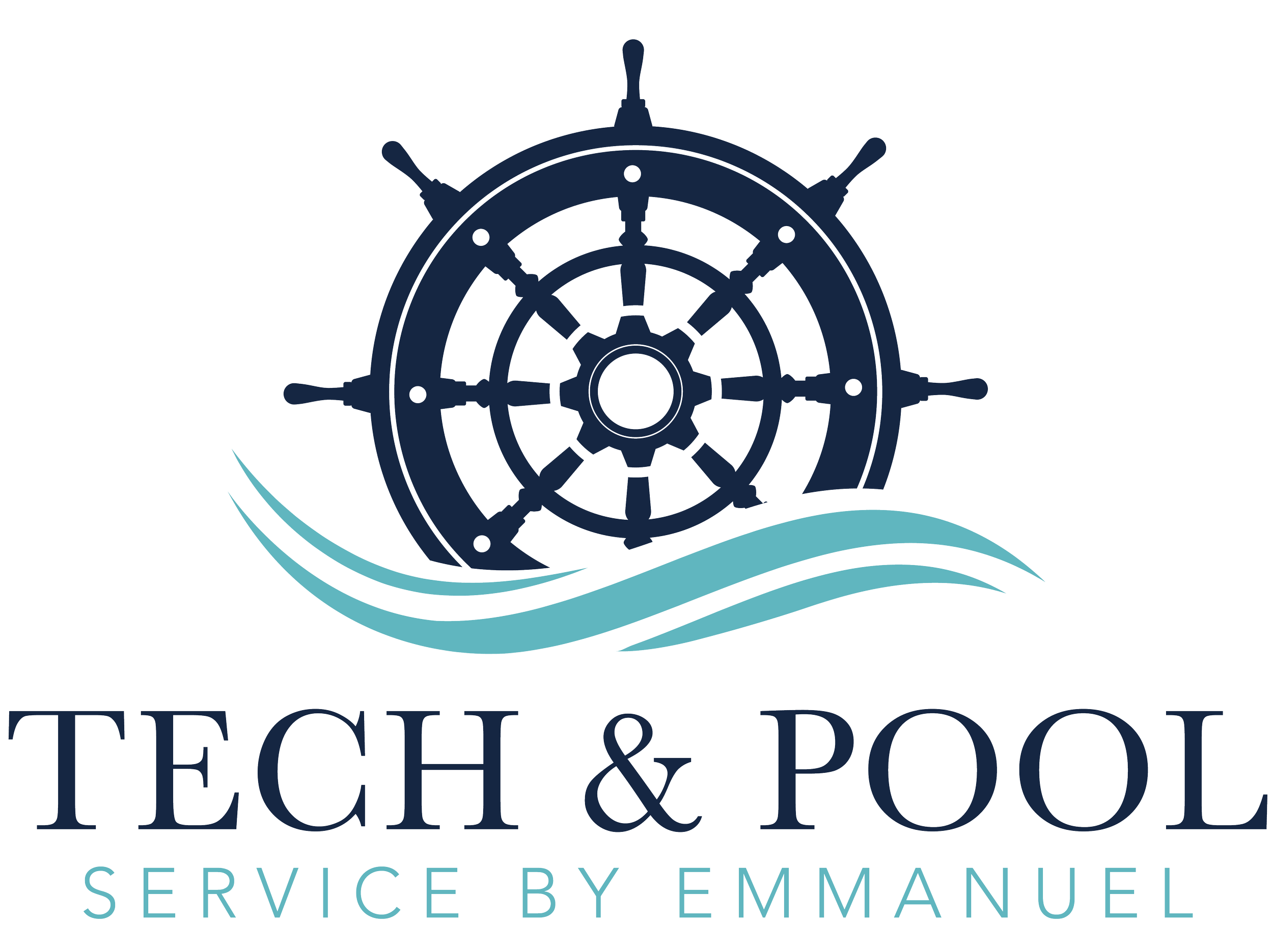 Tech & Pool Service by Emmanuel logo with ship wheel and wave graphics representing professional pool cleaning and technical services in Midland, Texas and Odessa, Texas.
