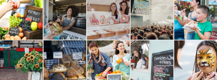 Collage of scenes from a farmers market, including fresh produce, a woman eating a sandwich, a crowd at an outdoor event, children at a fair, flowers, baked goods, women with produce, a food stand, a girl with face paint, and a chalkboard menu.
