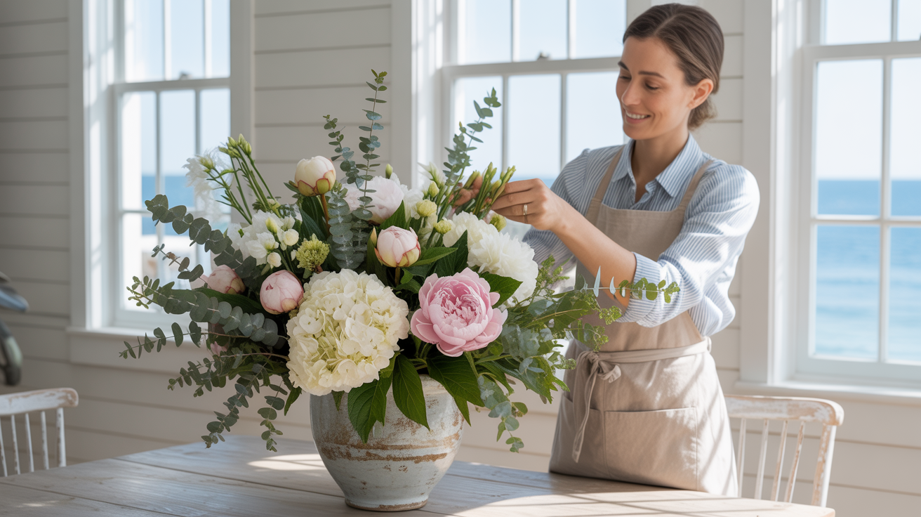 a female florist arranges a set of flowers in a bright coastal home