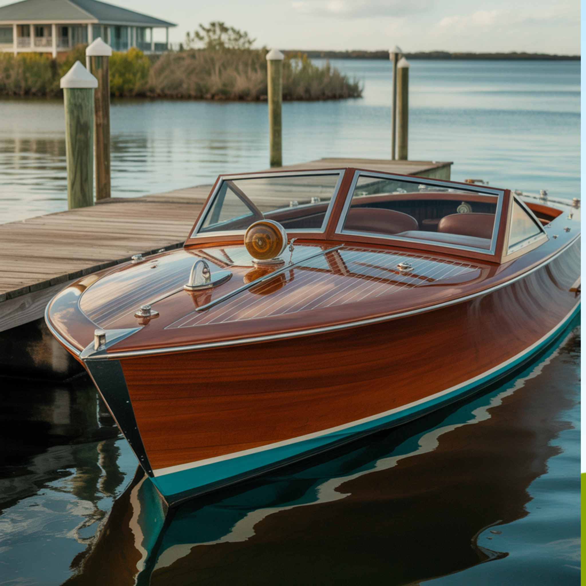 a luxury wooden boat next to a wooden dock, floating in a marshy inlet.