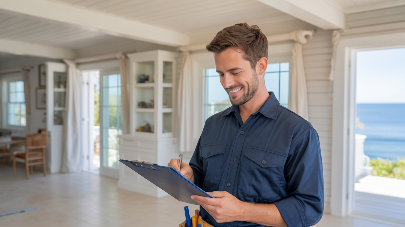 A repair man in a blue suit looks contently at a clip board he's holding