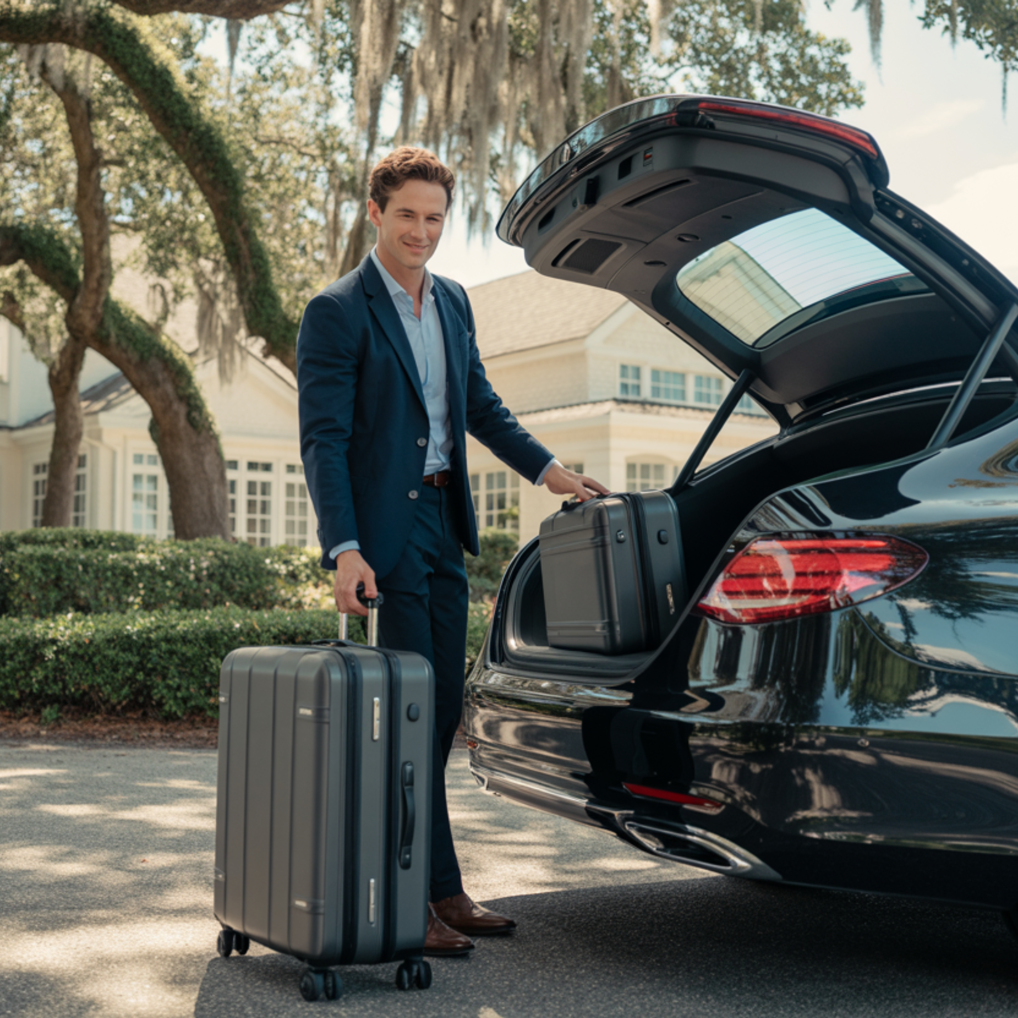 A man standing next to a luxury car, loading luggage into the trunk.