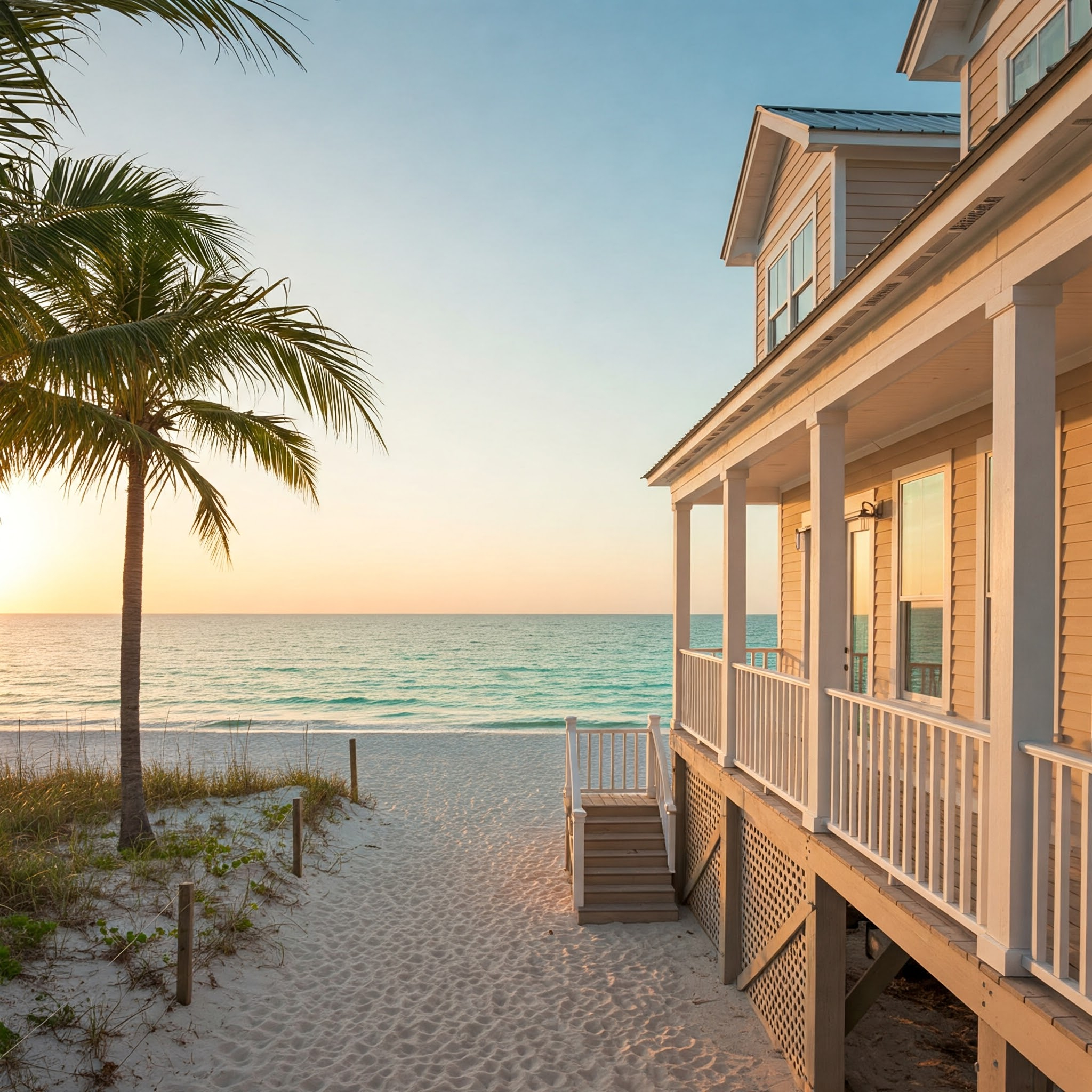 Beachfront home overlooking the ocean at sunset with palm trees and soft sand.