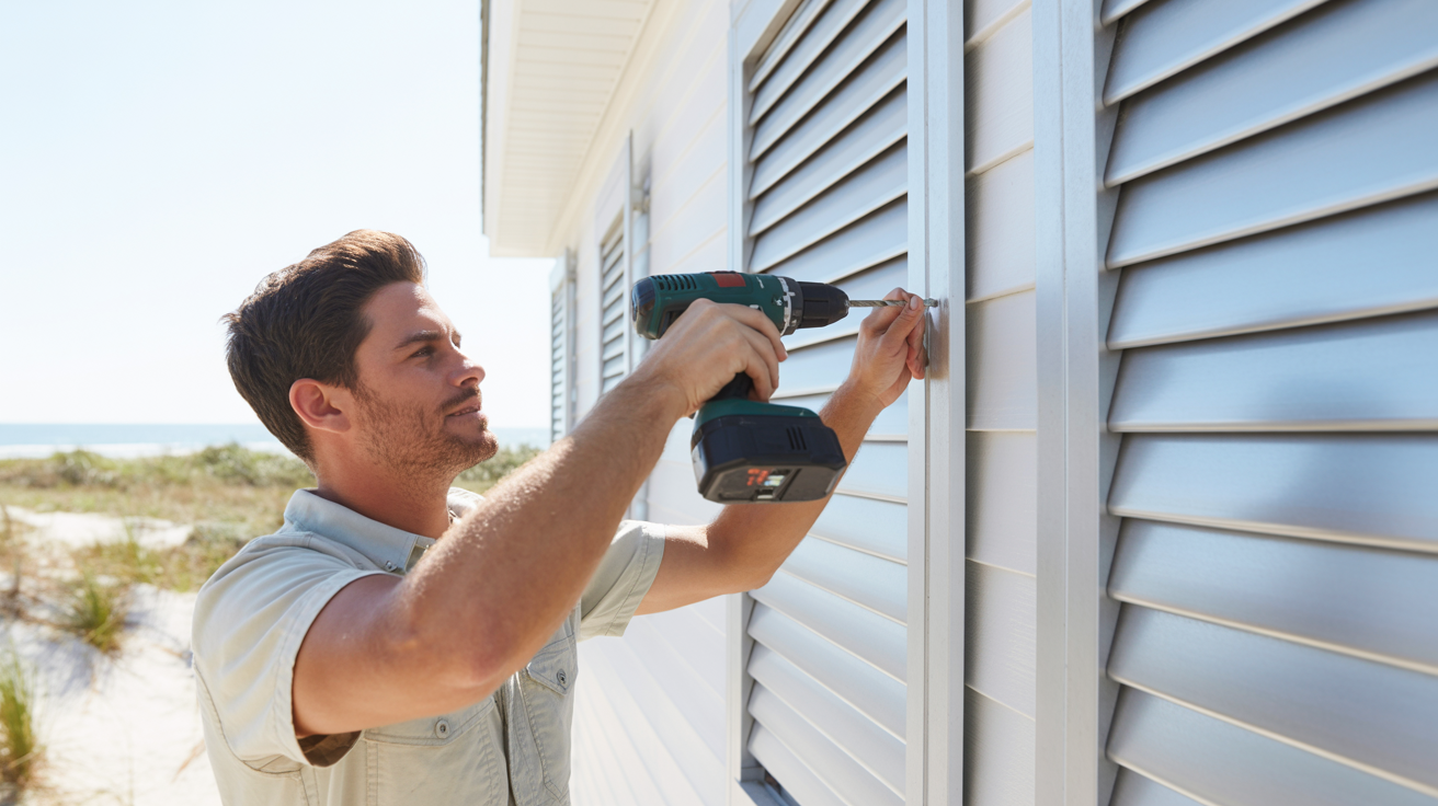 a man installing new shutters on the side of coastal home