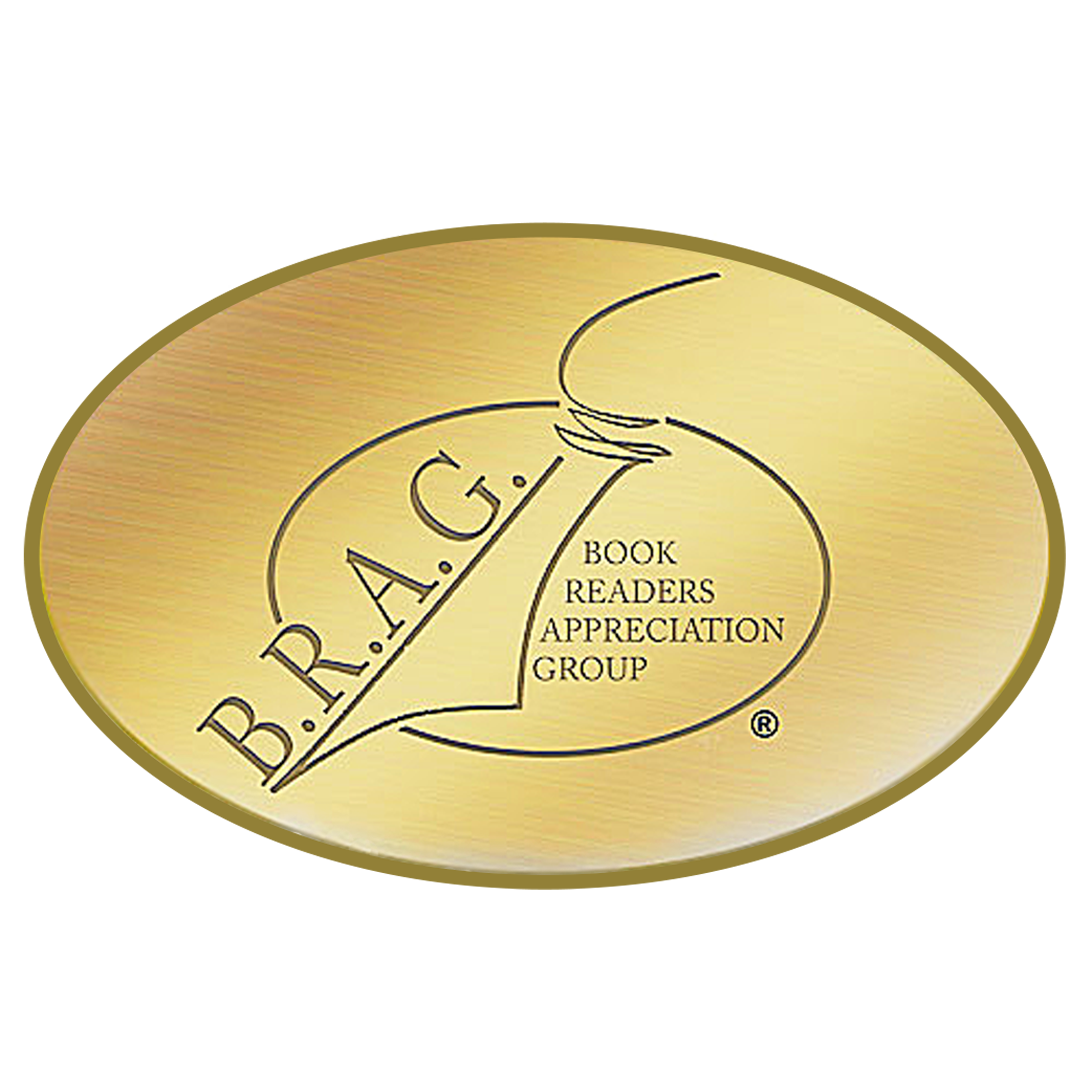 Gold oval emblem with black outline featuring a stylized open book and the text "B.R.A.G." and "Book Readers Appreciation Group".